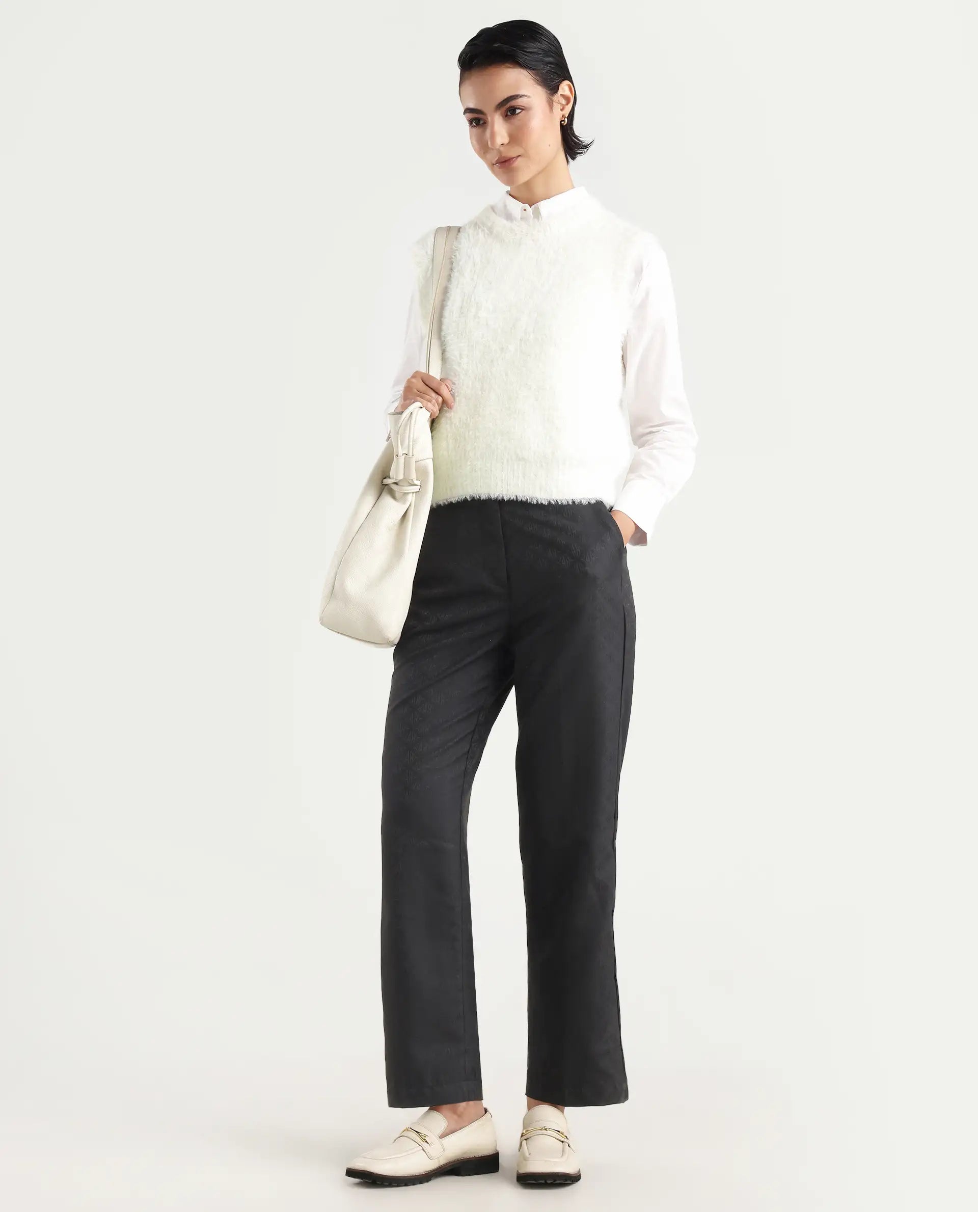 Rareism Women's Sielo White Nylon Crew Neck Plain Sleeveless Relaxed Fit Sweater