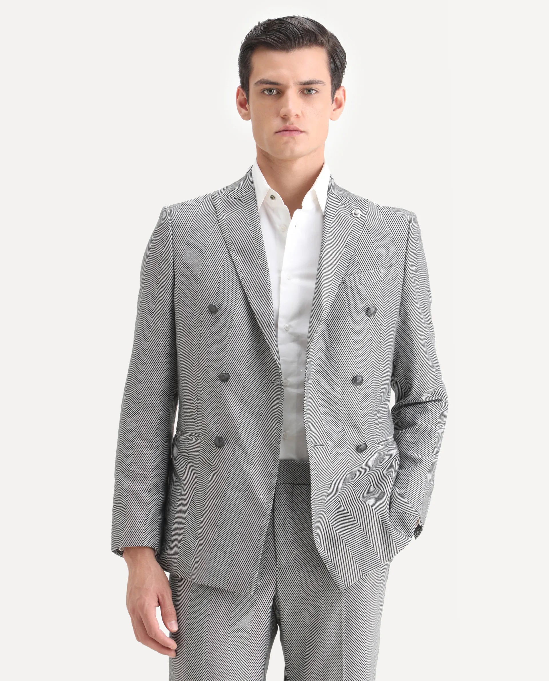 Rare Rabbit Men's Sierres Light Grey Viscose Textured Tailored Fit Full Sleeve Lapel Neck Suits