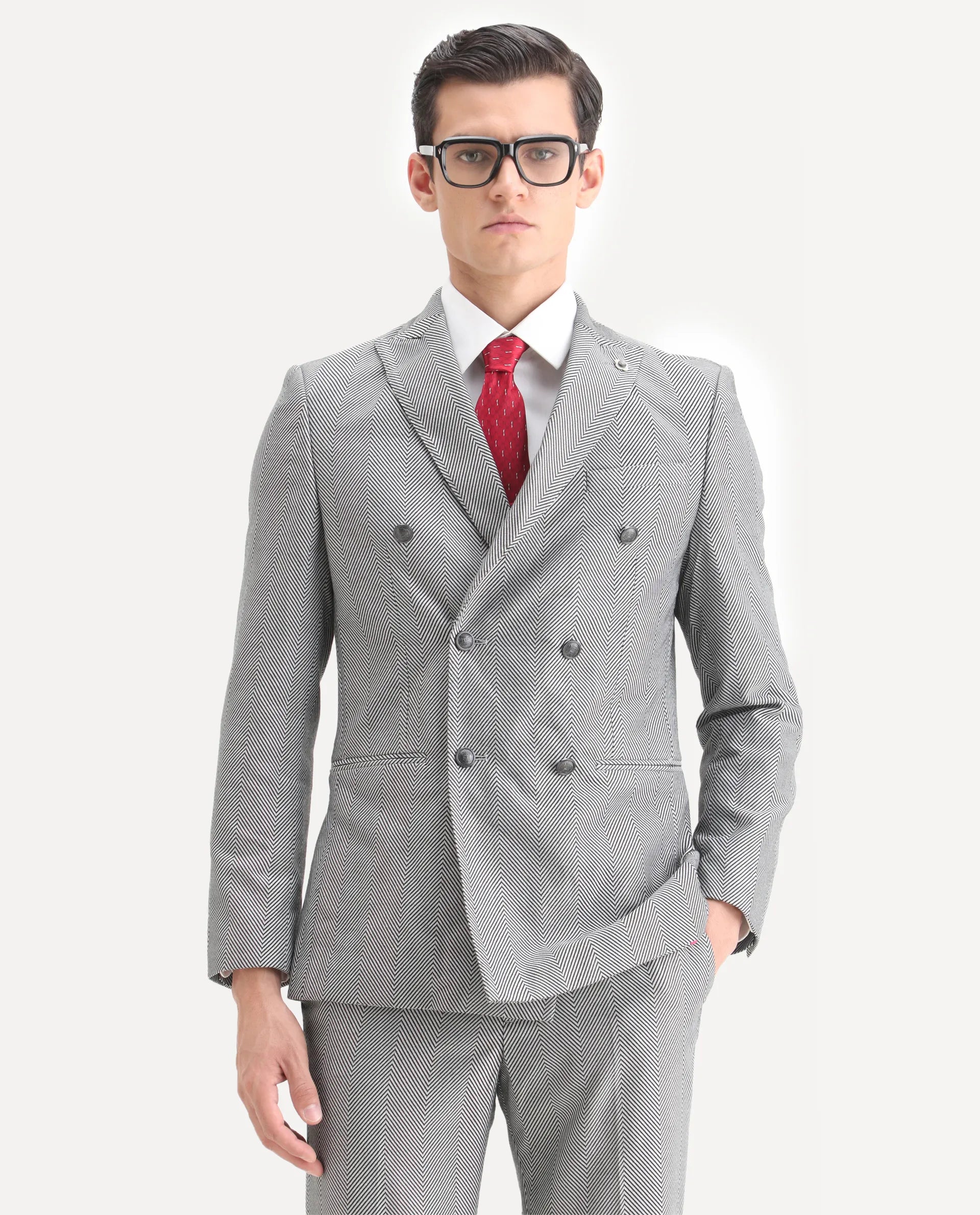 Rare Rabbit Men's Sierres Light Grey Viscose Textured Tailored Fit Full Sleeve Lapel Neck Suits
