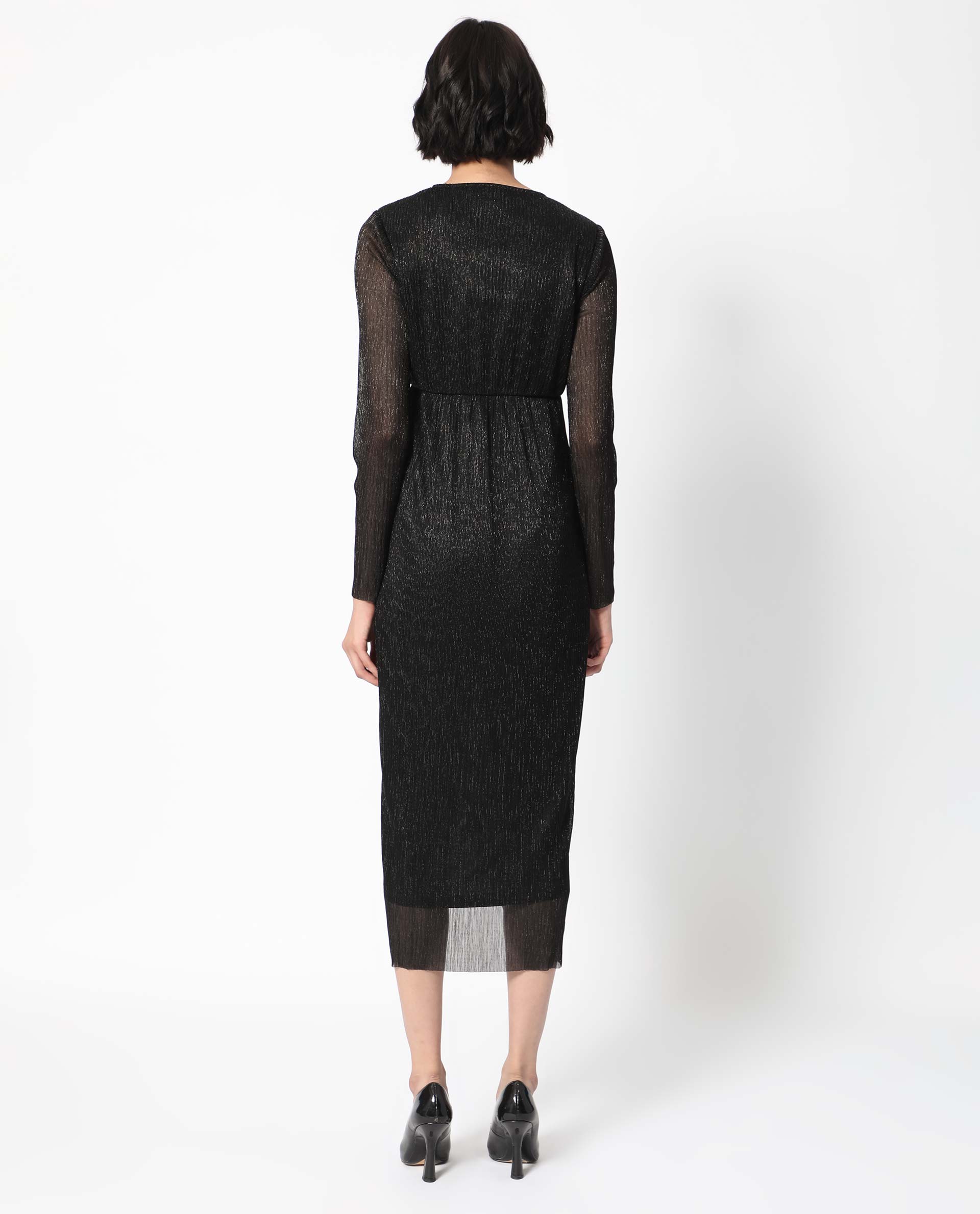 Rareism Women Siga Metallic Black Overlap Neck Full Sleeves Gathered Detail Front Slit Shimmer Party Dress