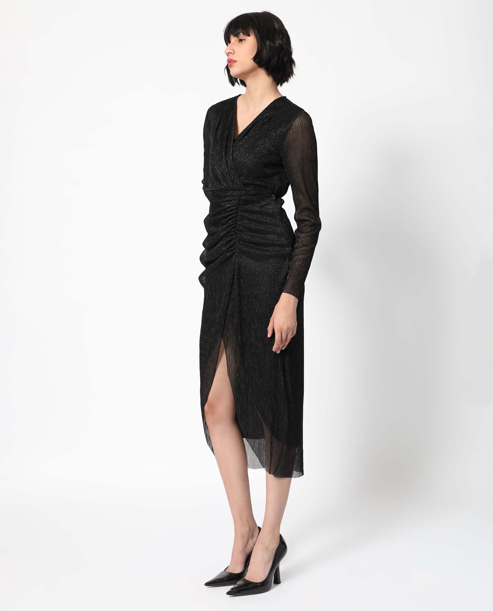 Rareism Women Siga Metallic Black Overlap Neck Full Sleeves Gathered Detail Front Slit Shimmer Party Dress