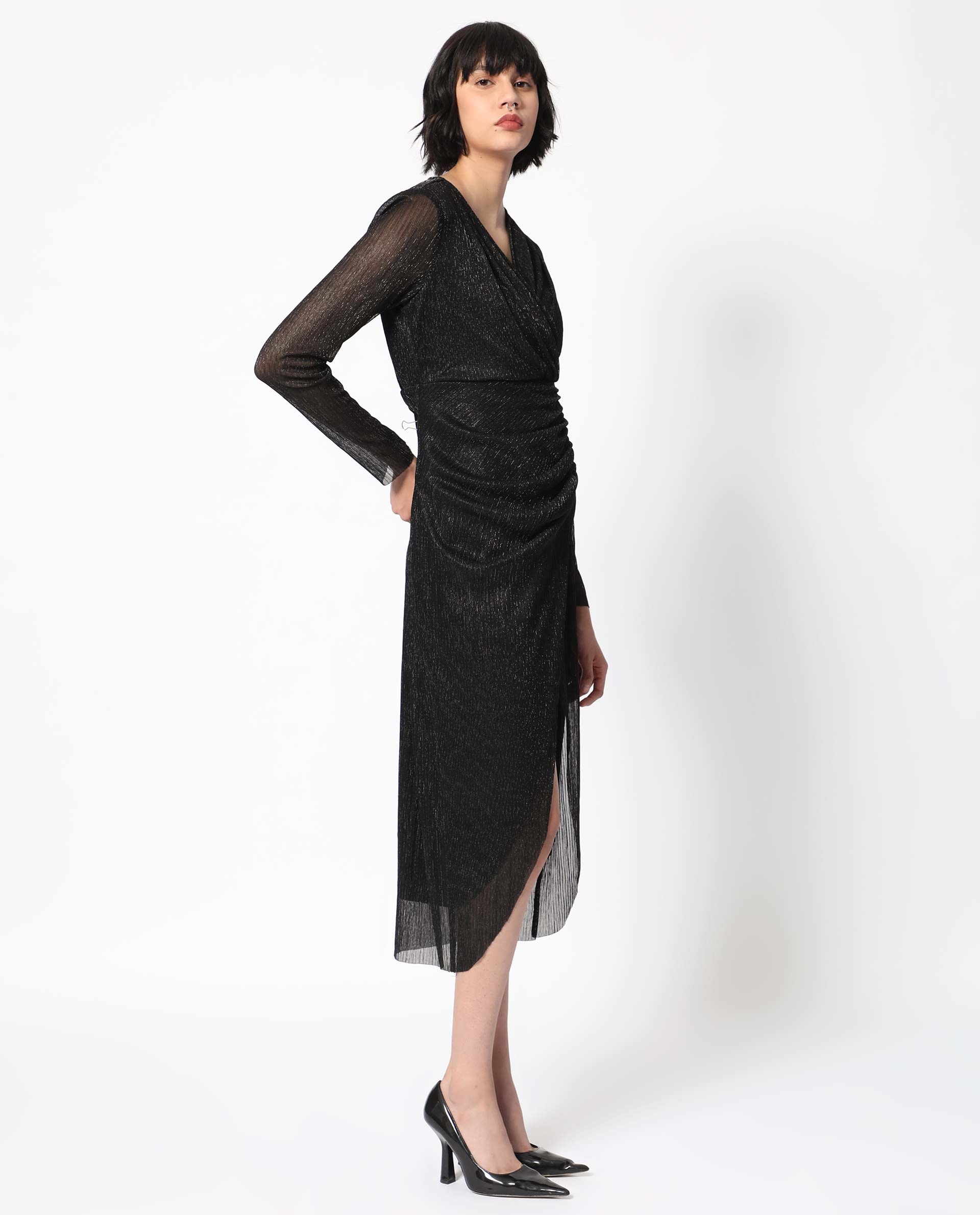Rareism Women Siga Metallic Black Overlap Neck Full Sleeves Gathered Detail Front Slit Shimmer Party Dress