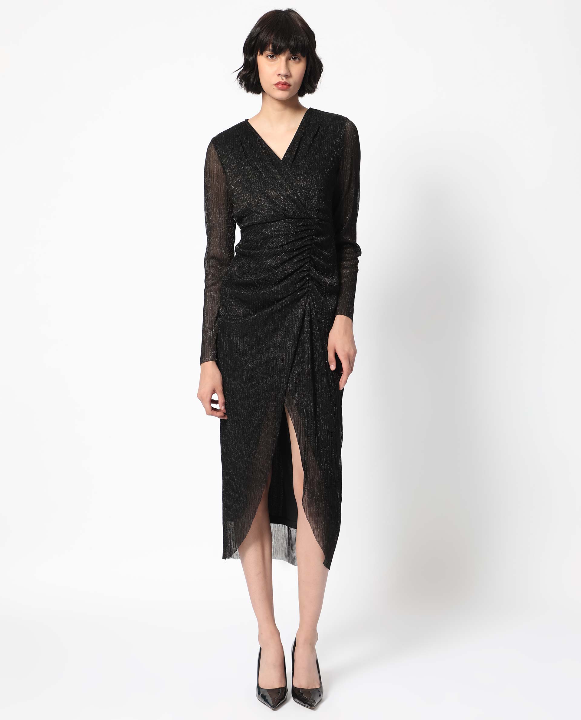 Rareism Women Siga Metallic Black Overlap Neck Full Sleeves Gathered Detail Front Slit Shimmer Party Dress