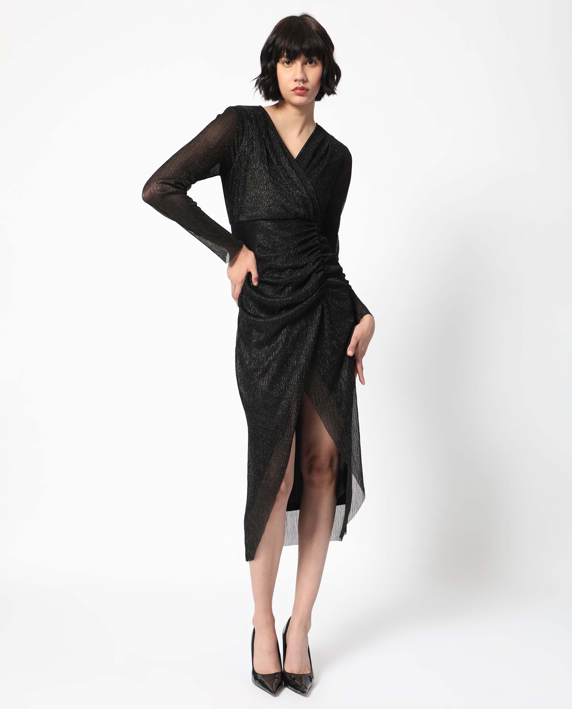 Rareism Women Siga Metallic Black Overlap Neck Full Sleeves Gathered Detail Front Slit Shimmer Party Dress