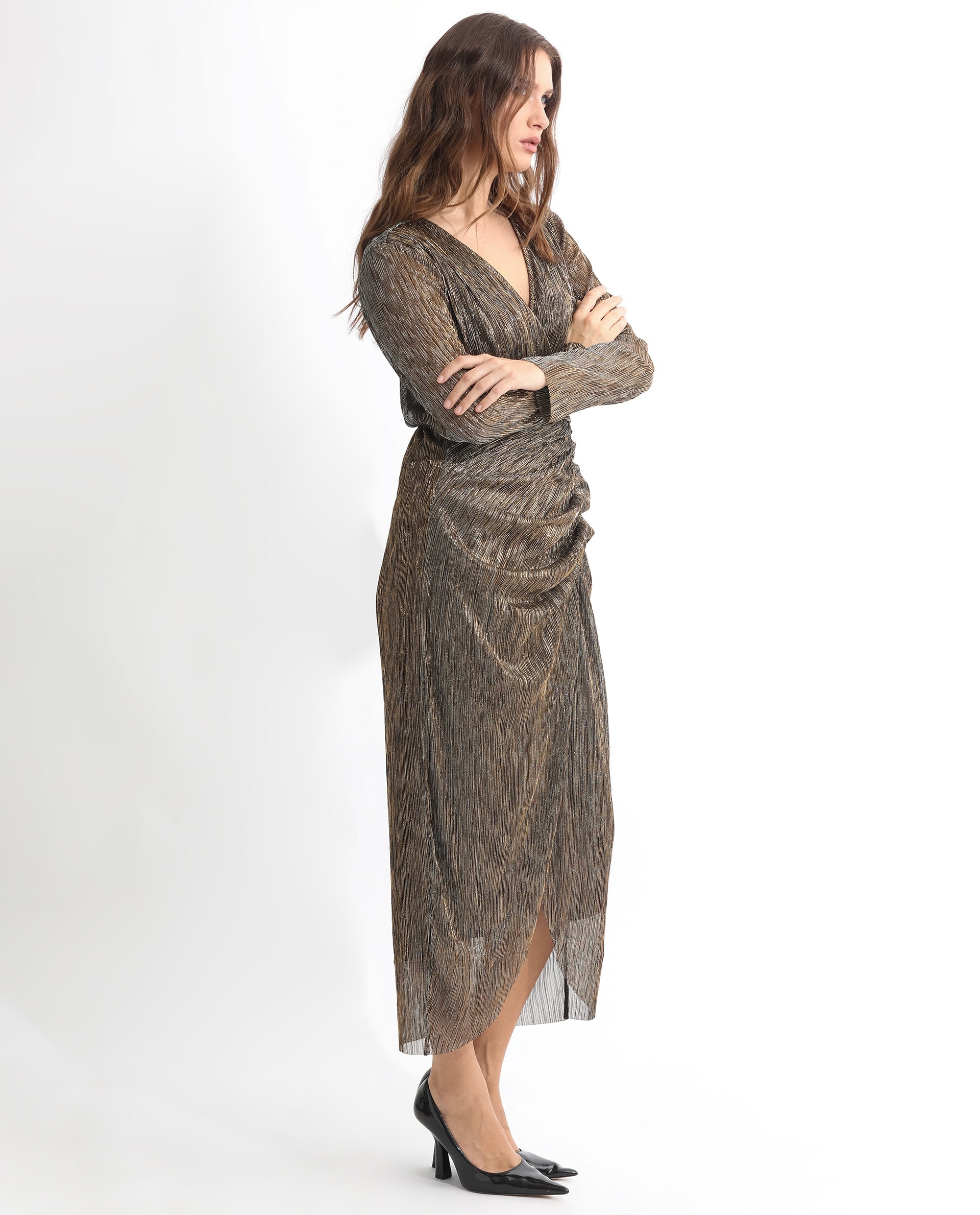 Rareism Women Siga Metallic Gold Overlap V Neck Full Sleeves Gathered Front Panel Shimmer Party Midi Dress