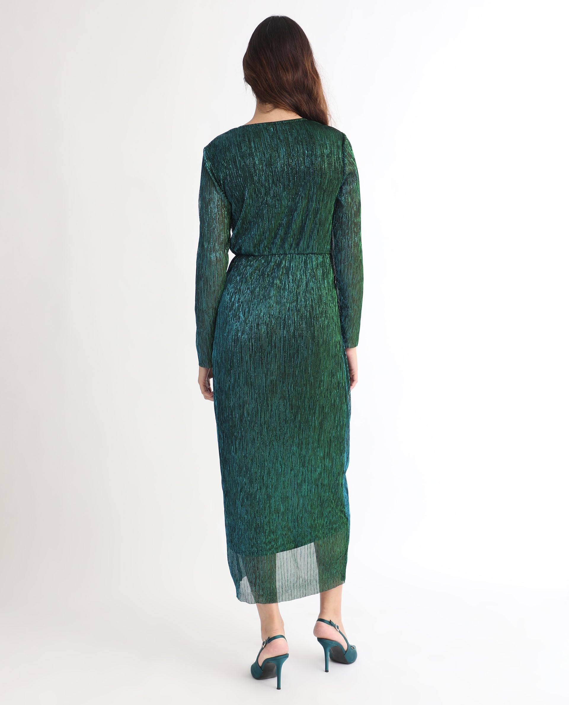 Rareism Women's Siga Metalic Green Polyester Blend Fabric V-Neck Full Sleeve Shimmer Maxi Dress
