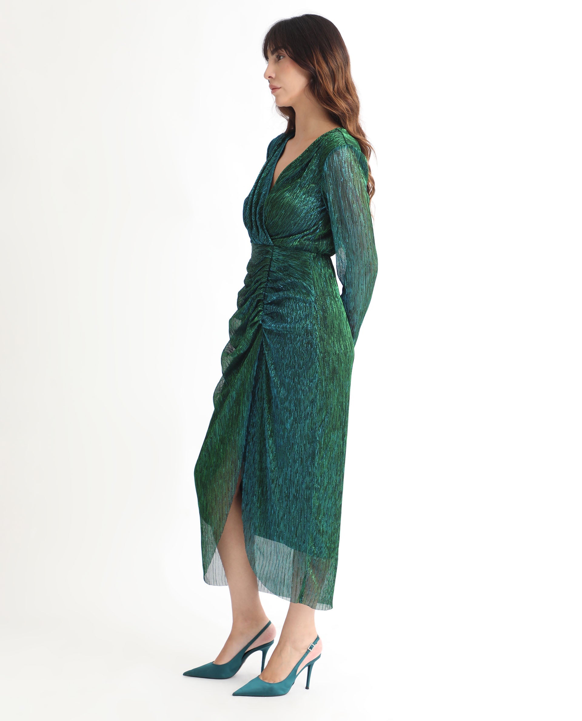 Rareism Women's Siga Metalic Green Polyester Blend Fabric V-Neck Full Sleeve Shimmer Maxi Dress