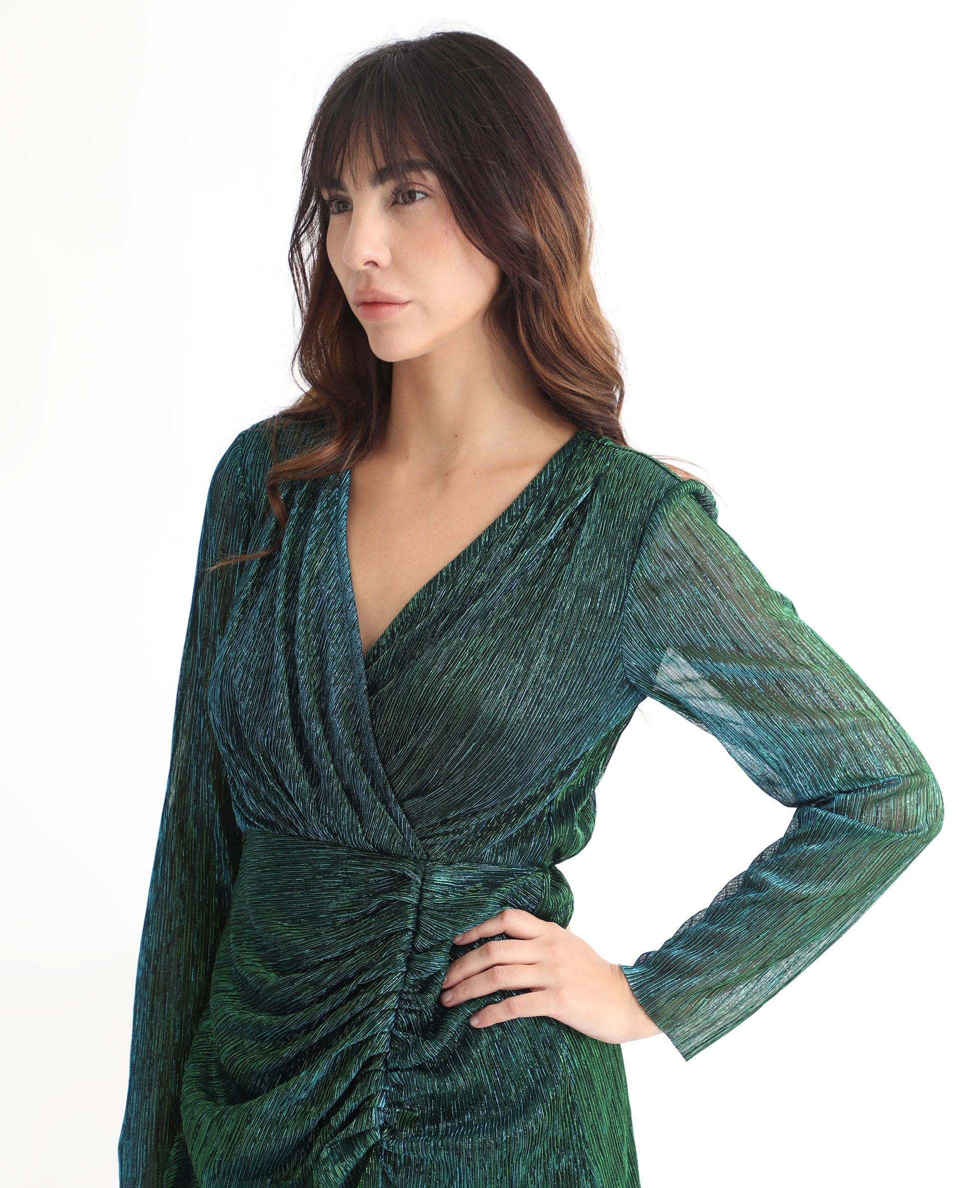 Rareism Women's Siga Metalic Green Polyester Blend Fabric V-Neck Full Sleeve Shimmer Maxi Dress