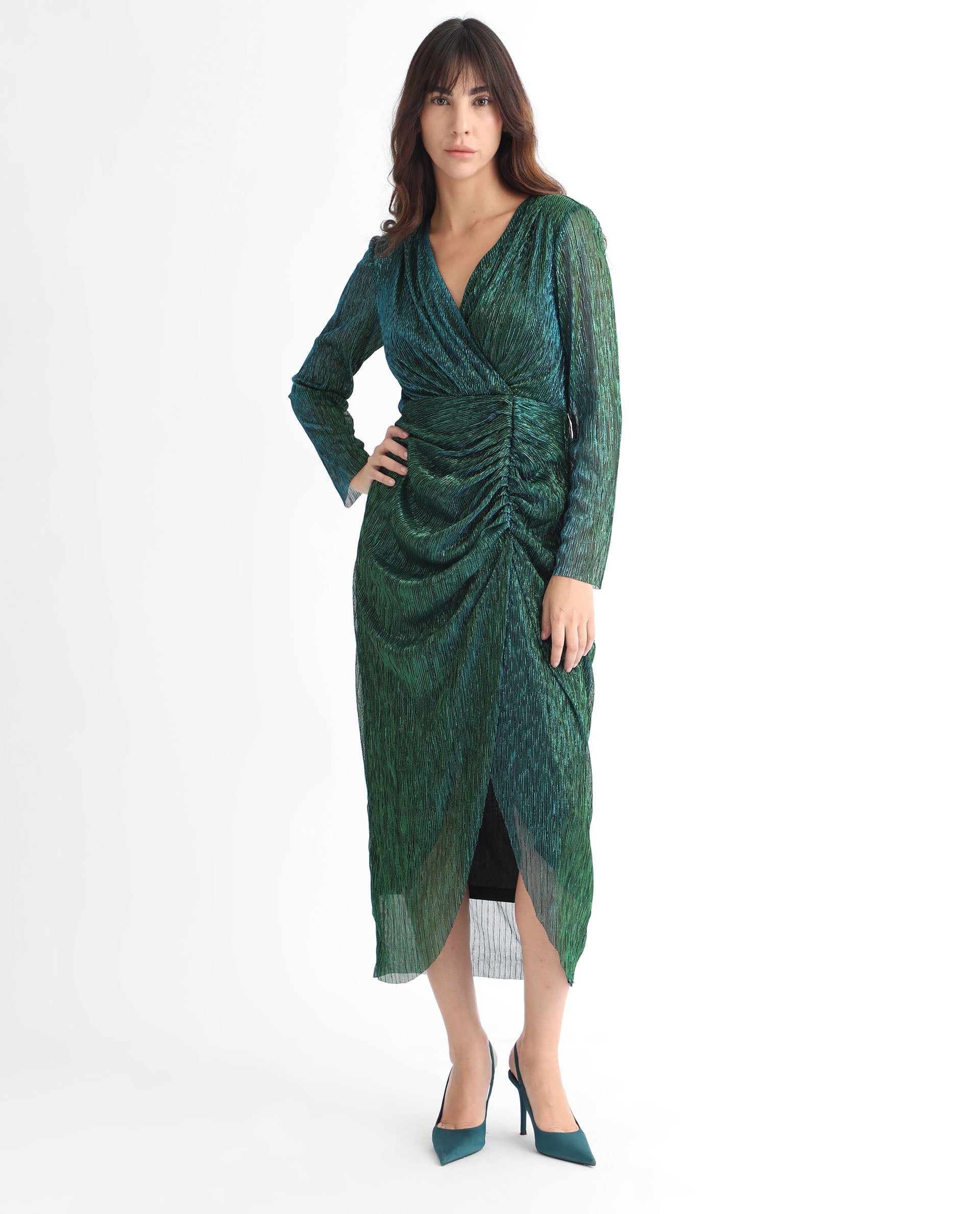 Rareism Women's Siga Metalic Green Polyester Blend Fabric V-Neck Full Sleeve Shimmer Maxi Dress