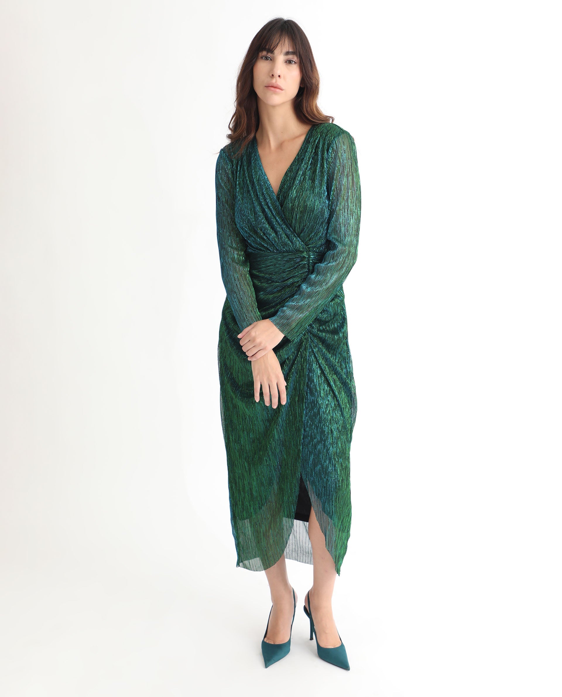 Rareism Women's Siga Metalic Green Polyester Blend Fabric V-Neck Full Sleeve Shimmer Maxi Dress