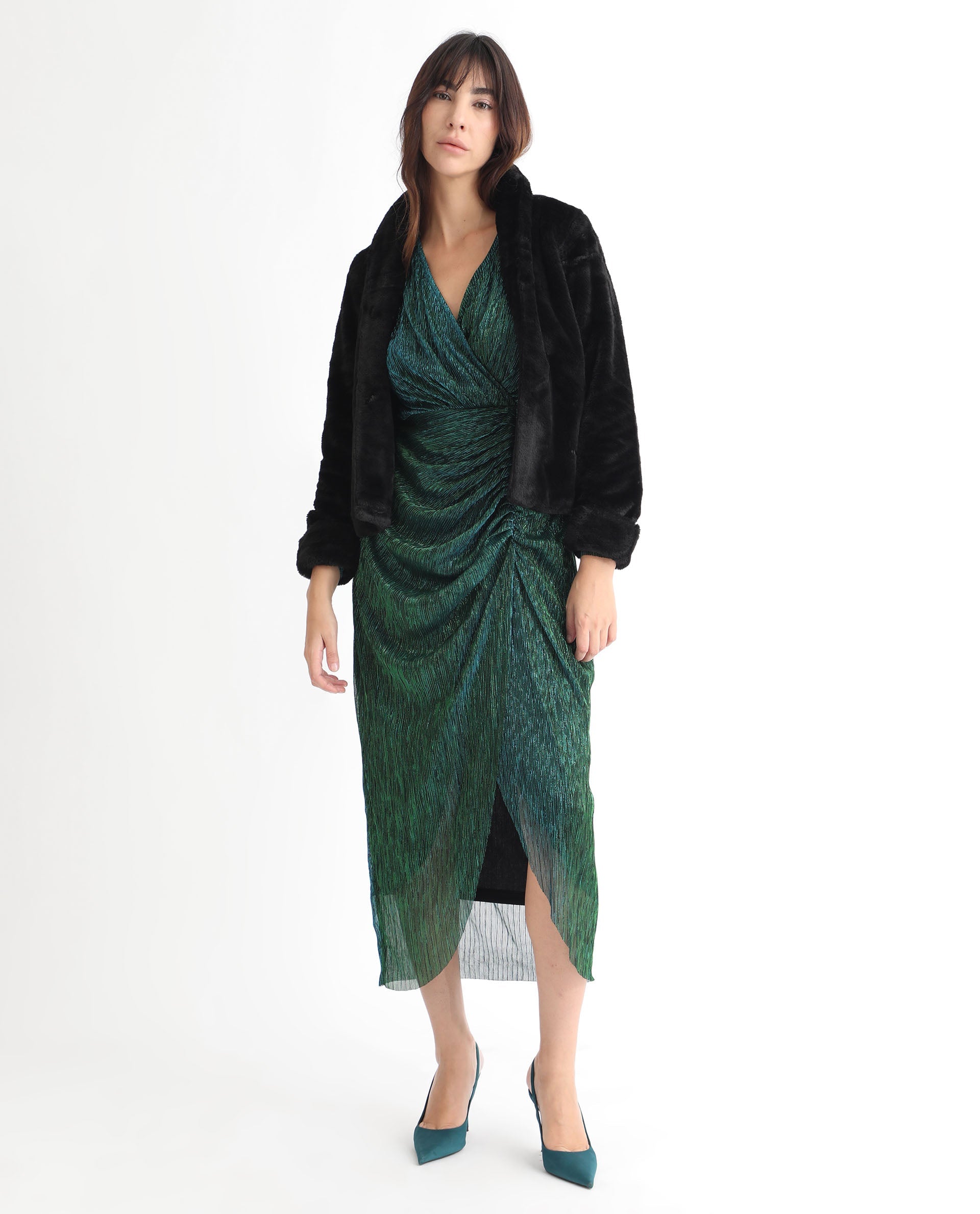 Rareism Women's Siga Metalic Green Polyester Blend Fabric V-Neck Full Sleeve Shimmer Maxi Dress