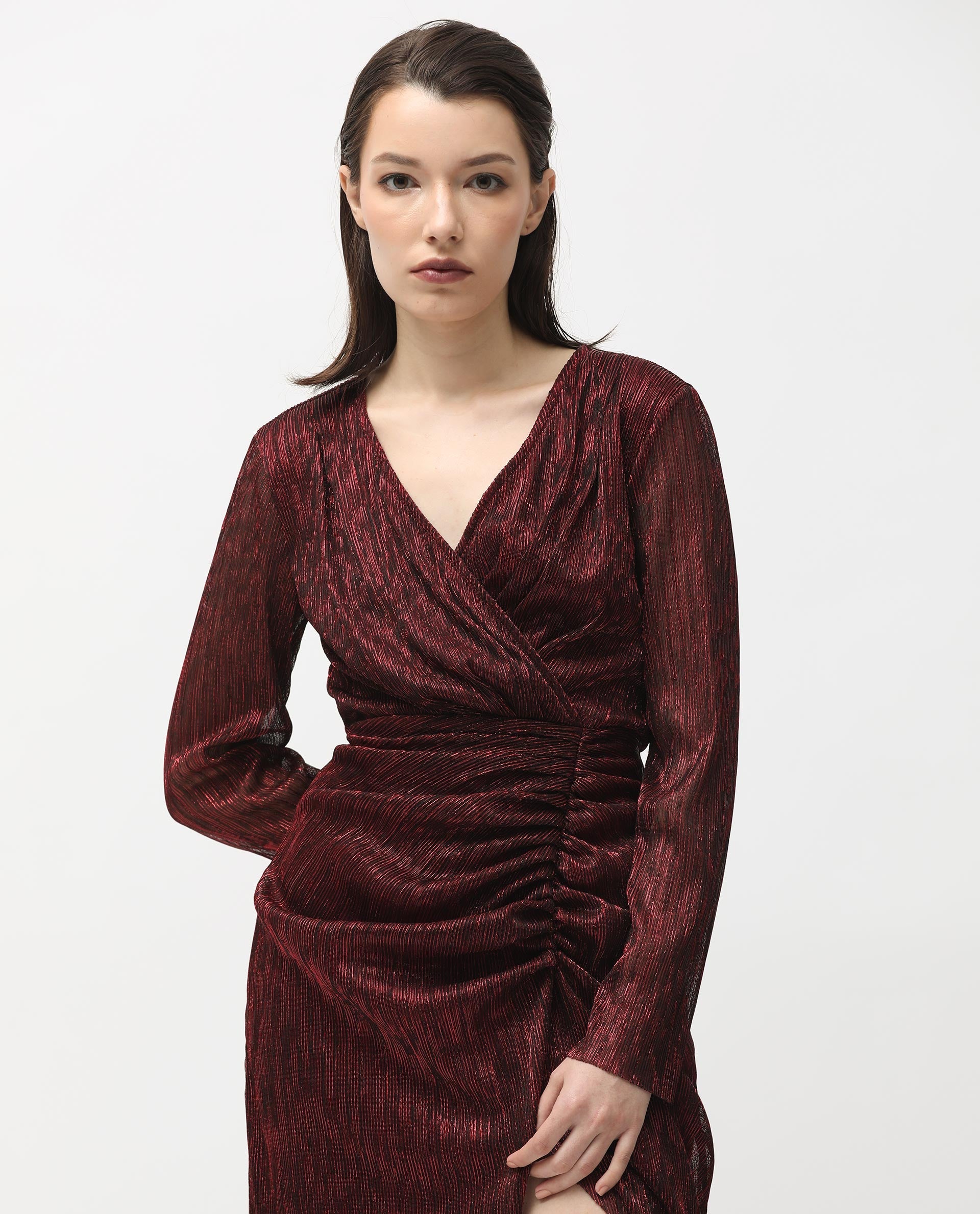 Rareism Women Siga Metallic Red Poly Lycra Fabric Full Sleeves Regular Fit Shimmer Maxi Empire Dress