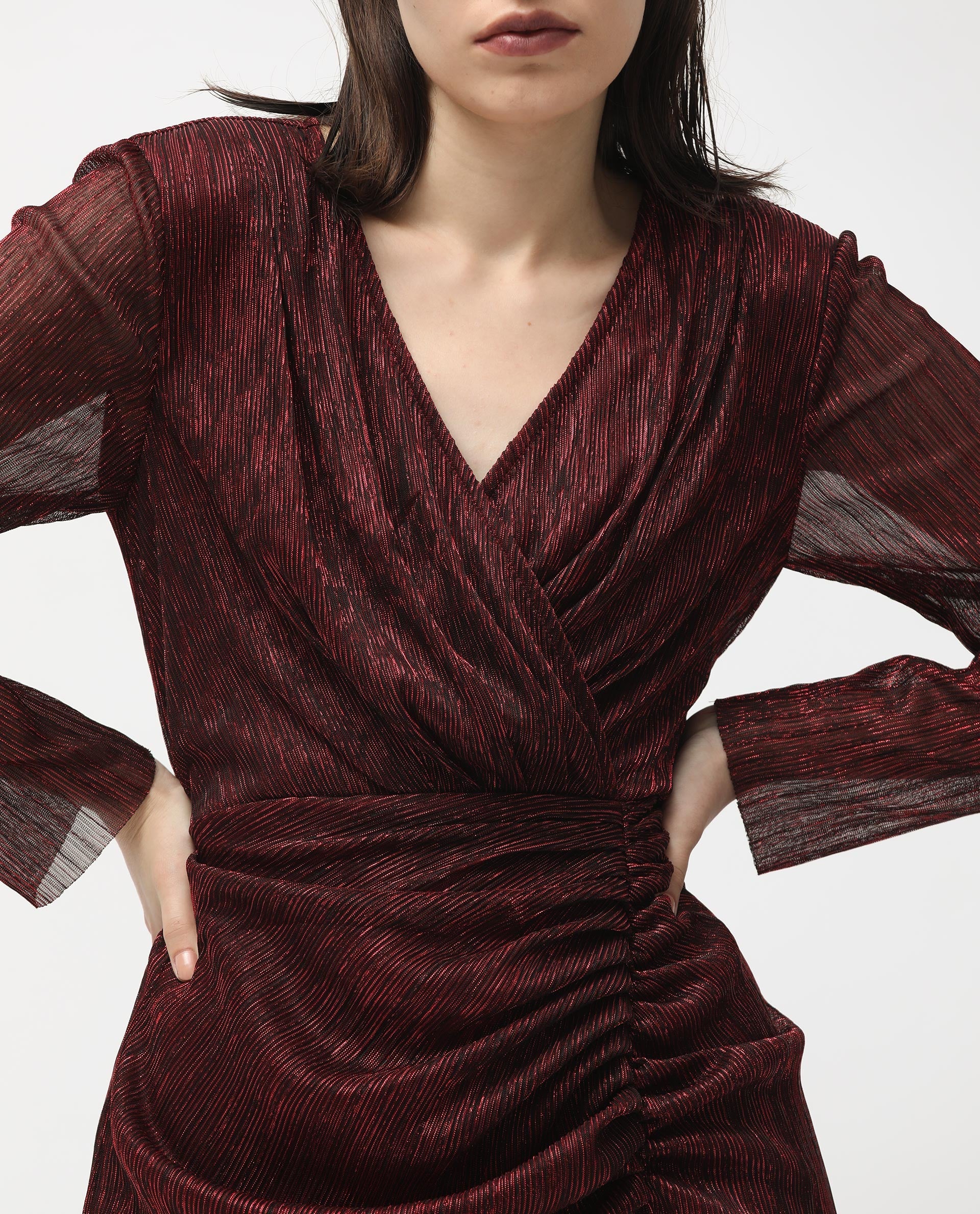 Rareism Women Siga Metallic Red Poly Lycra Fabric Full Sleeves Regular Fit Shimmer Maxi Empire Dress