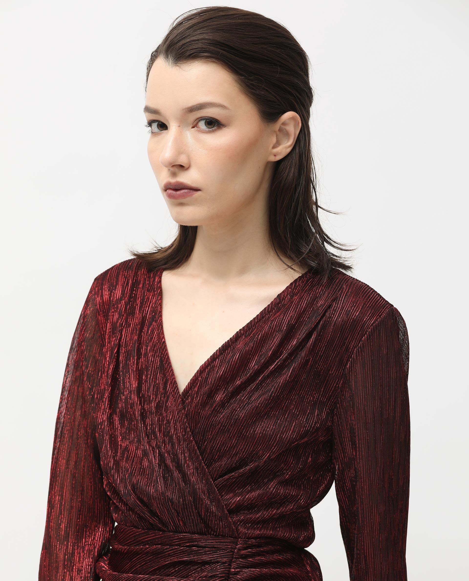 Rareism Women Siga Metallic Red Poly Lycra Fabric Full Sleeves Regular Fit Shimmer Maxi Empire Dress