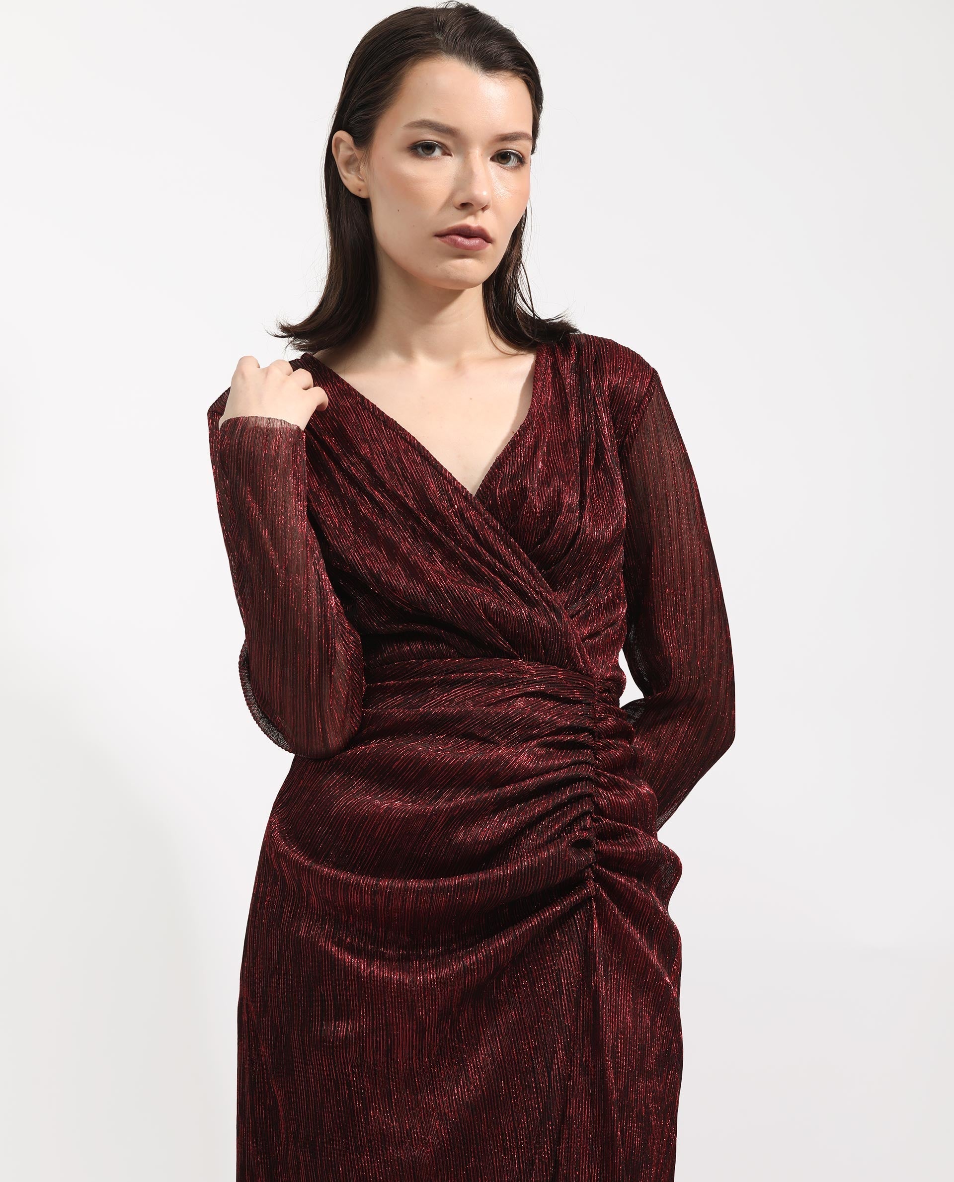 Rareism Women Siga Metallic Red Poly Lycra Fabric Full Sleeves Regular Fit Shimmer Maxi Empire Dress