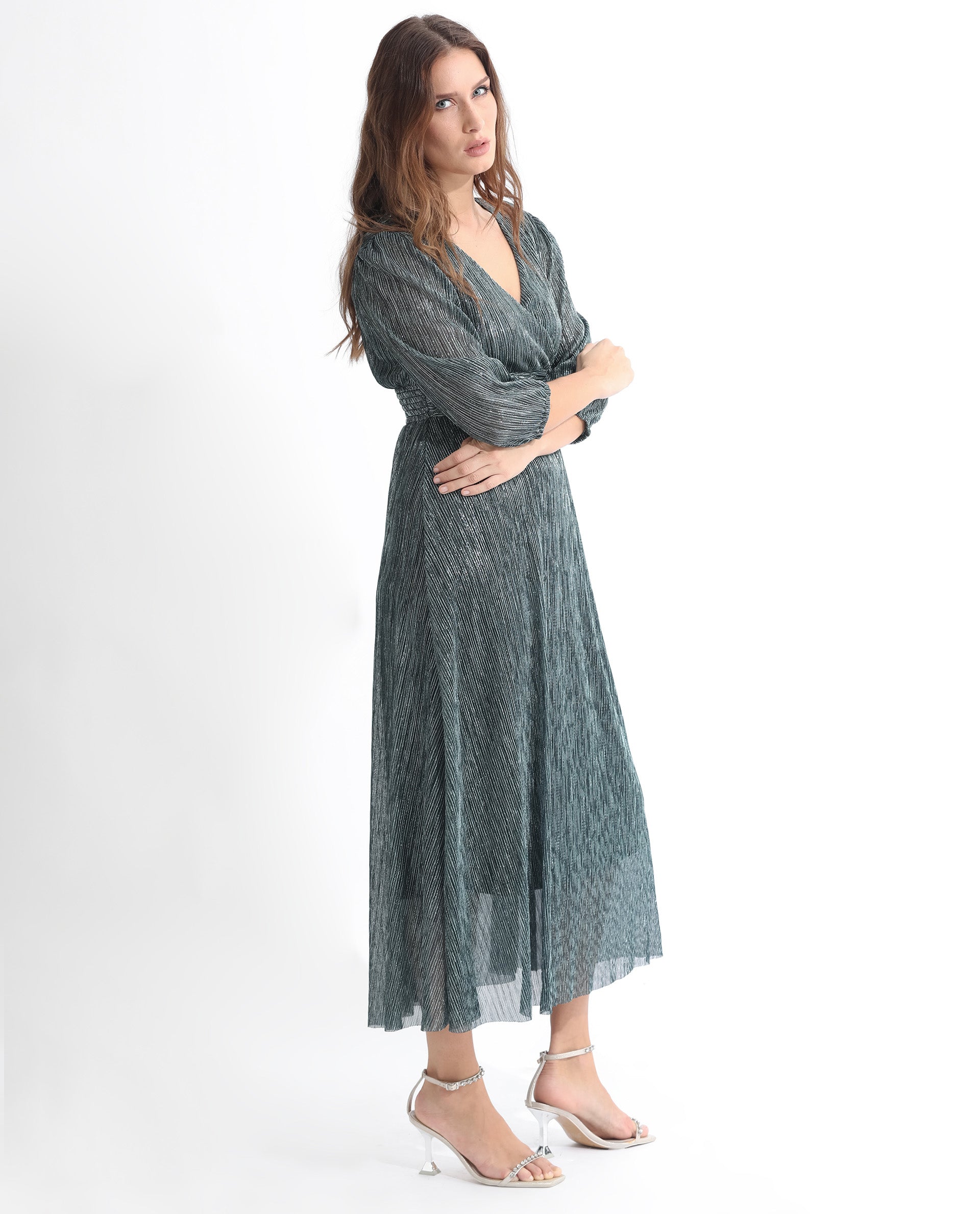 Rareism Women Daso Metallic Silver Polyester Fabric 3/4Th Sleeves Zip Closure Balloon Sleeve Fit And Flare Shimmer Maxi Empire Dress