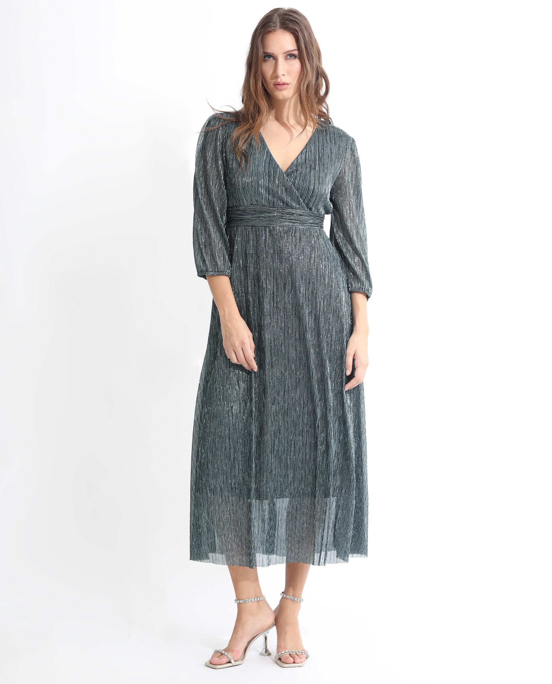 Rareism Women Daso Metallic Silver Polyester Fabric 3/4Th Sleeves Zip Closure Balloon Sleeve Fit And Flare Shimmer Maxi Empire Dress