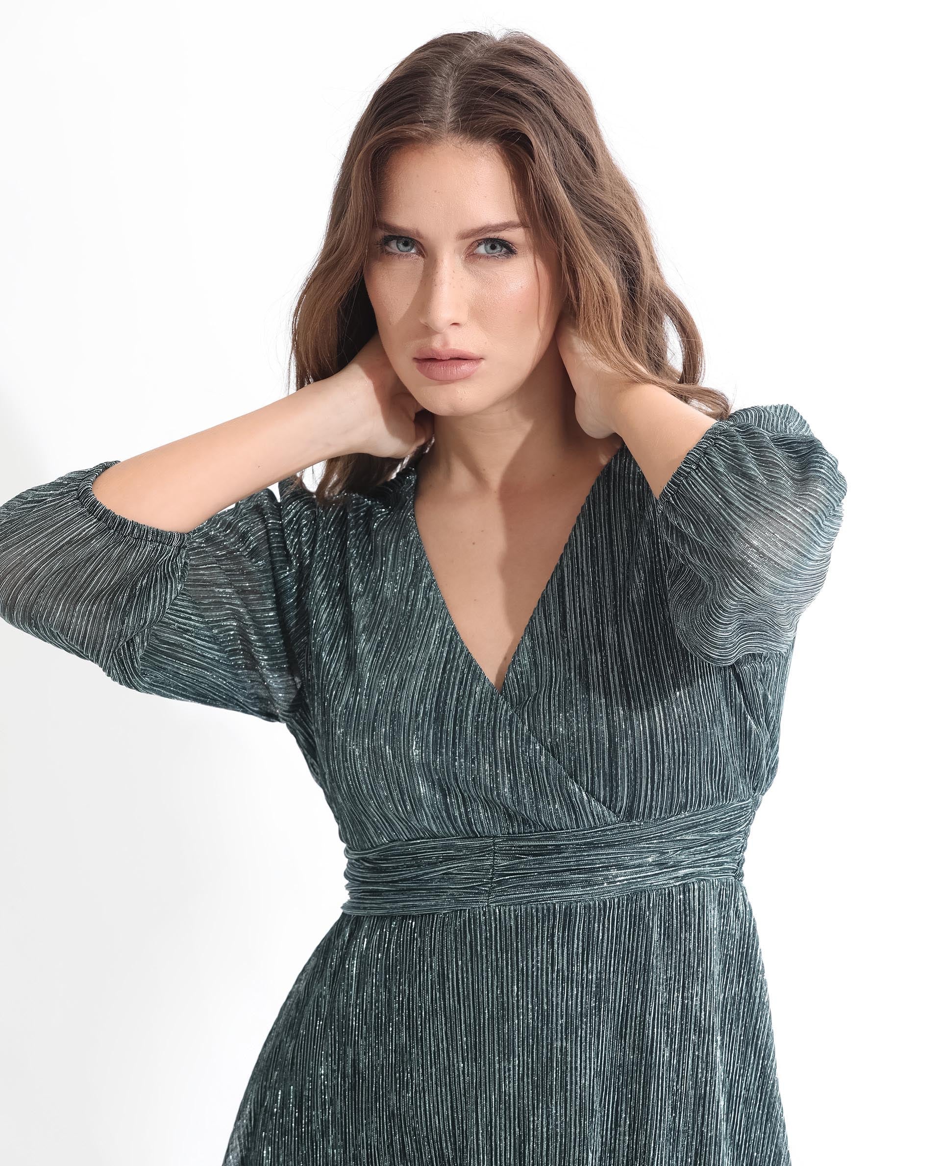 Rareism Women Daso Metallic Silver Polyester Fabric 3/4Th Sleeves Zip Closure Balloon Sleeve Fit And Flare Shimmer Maxi Empire Dress