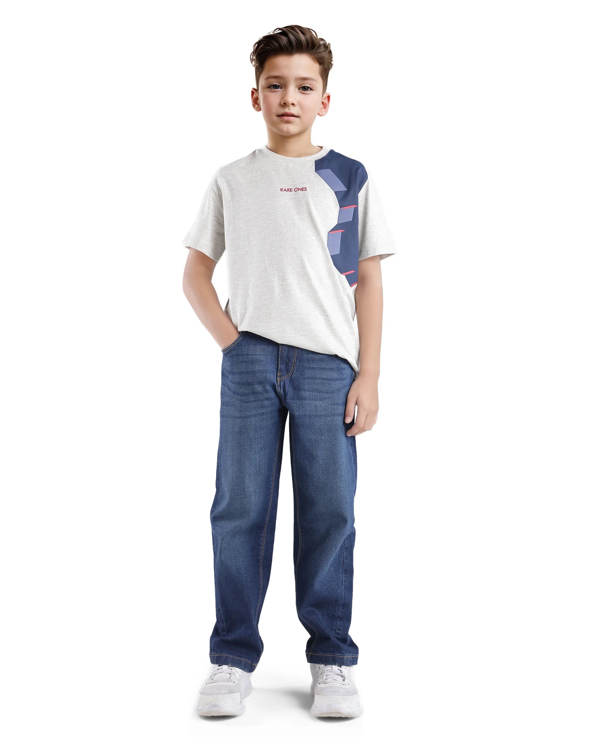 Rare Ones Kids Si Light Grey Cotton Short Sleeve Crew Neck Raised Hd Print T-Shirt