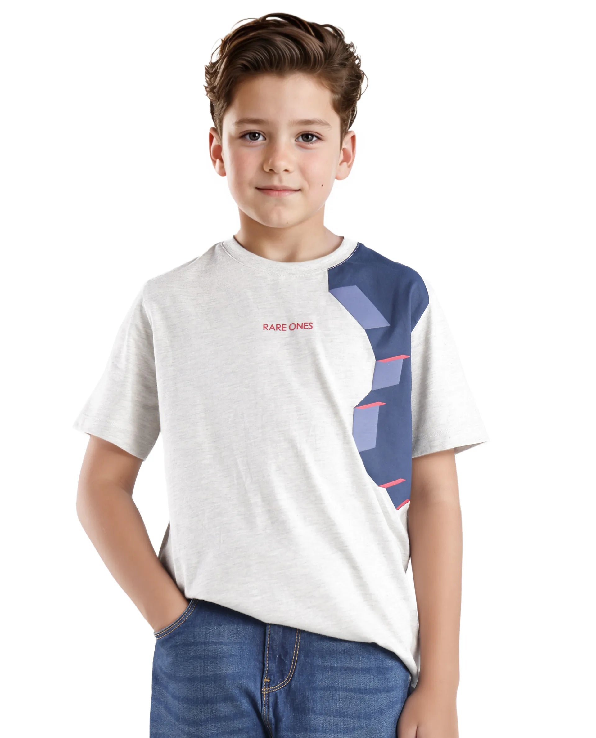 Rare Ones Kids Si Light Grey Cotton Short Sleeve Crew Neck Raised Hd Print T-Shirt