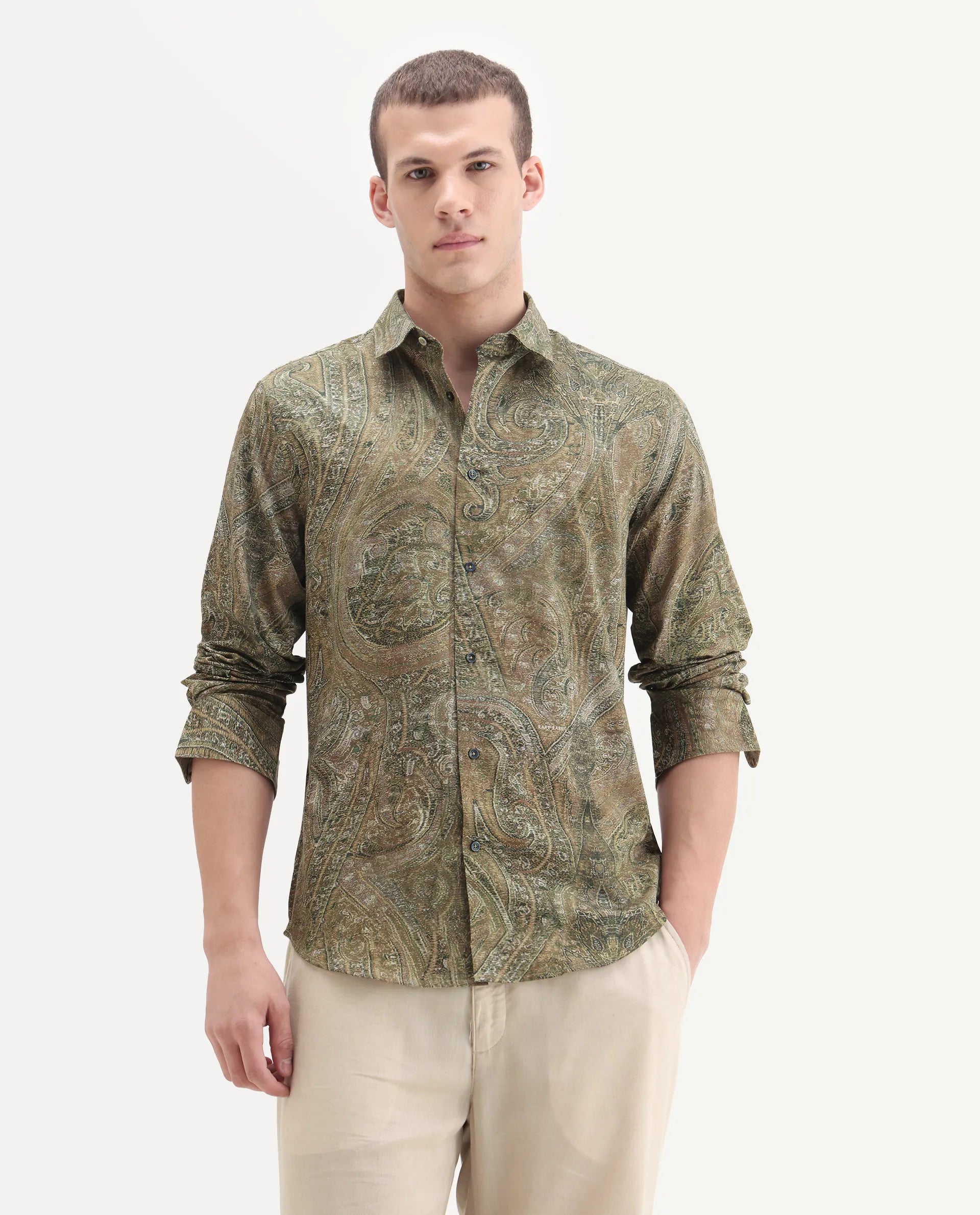 Rare Rabbit Men's Silko Olive Cotton Paisley Print Regular Fit Full Sleeve Collared Shirt