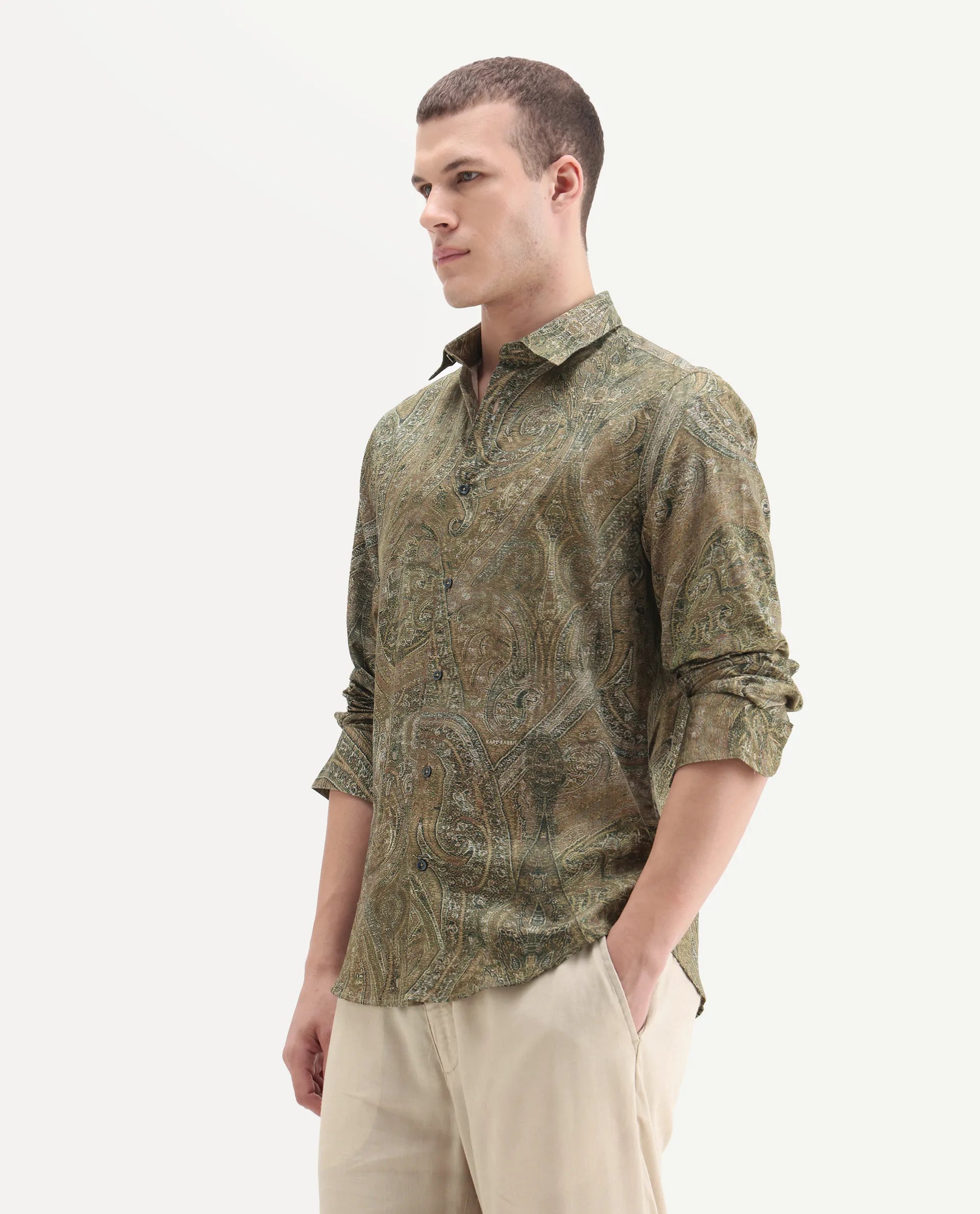 Rare Rabbit Men's Silko Olive Cotton Paisley Print Regular Fit Full Sleeve Collared Shirt