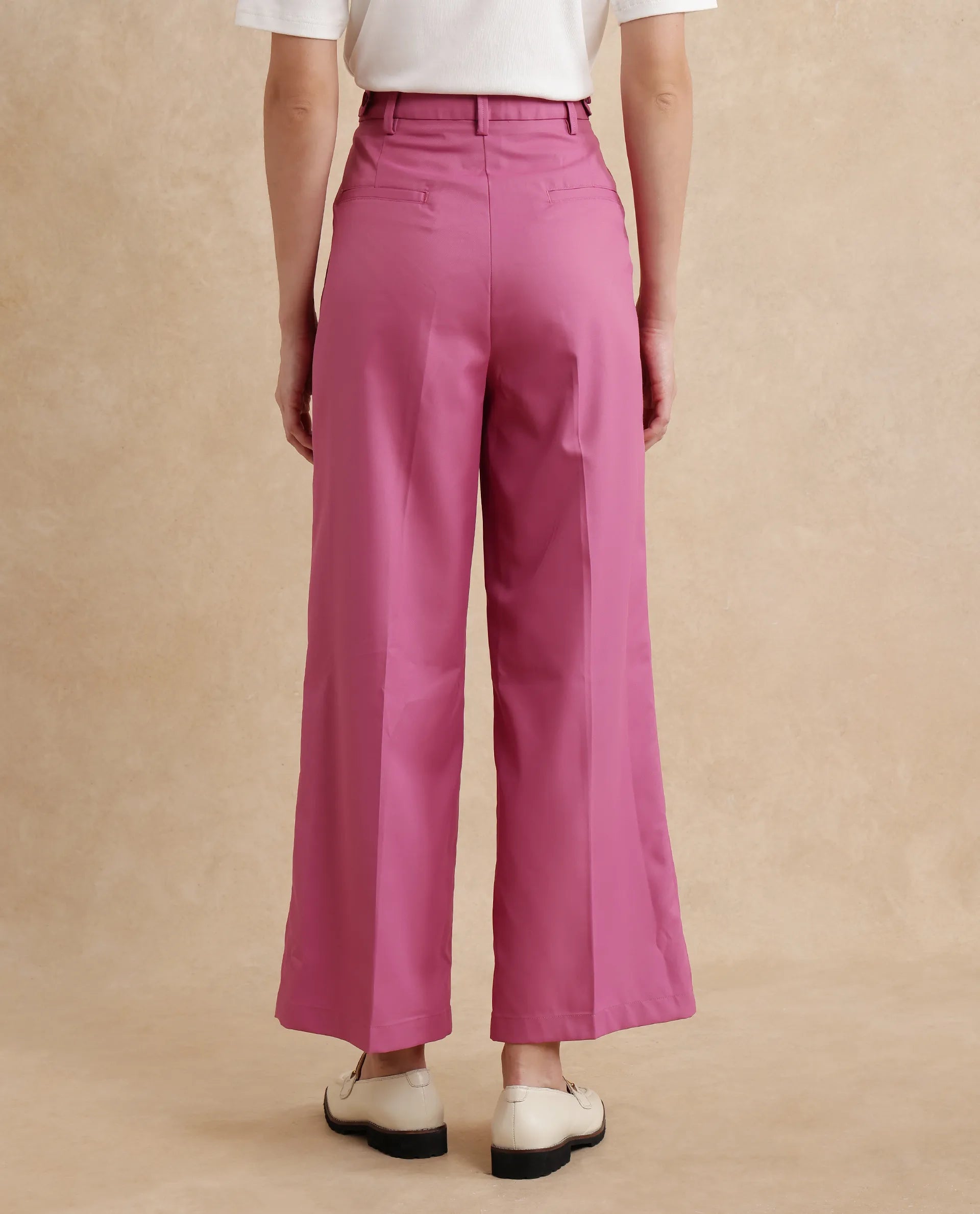 Rareism Women Simany Pink Button Closure Wide Fit Ankle Length Plain Trouser
