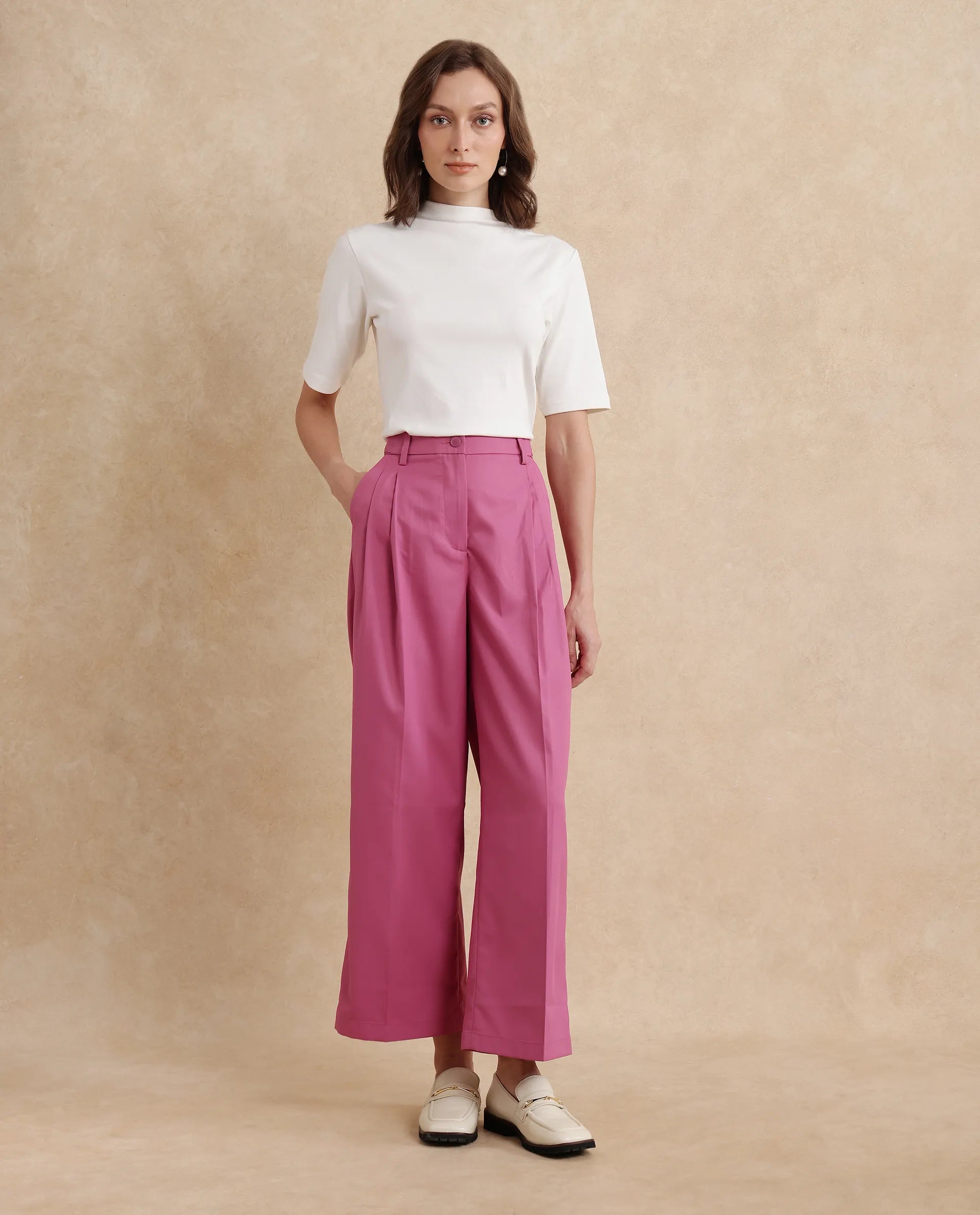 Rareism Women Simany Pink Button Closure Wide Fit Ankle Length Plain Trouser
