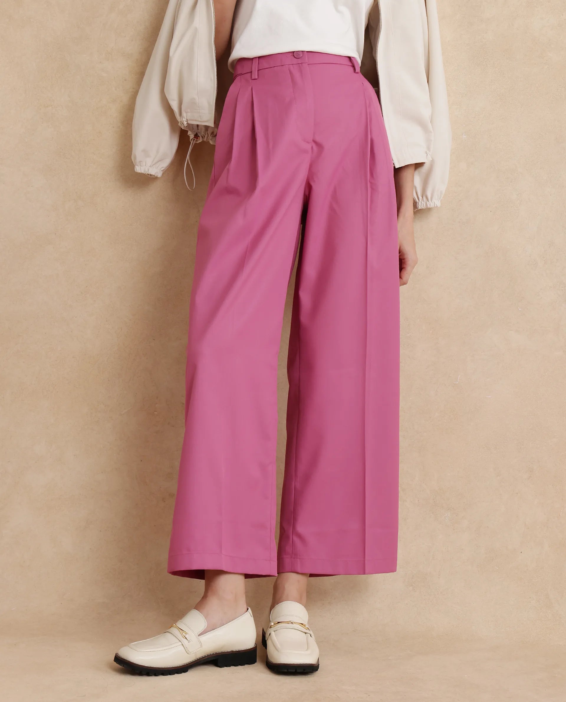 Rareism Women Simany Pink Button Closure Wide Fit Ankle Length Plain Trouser