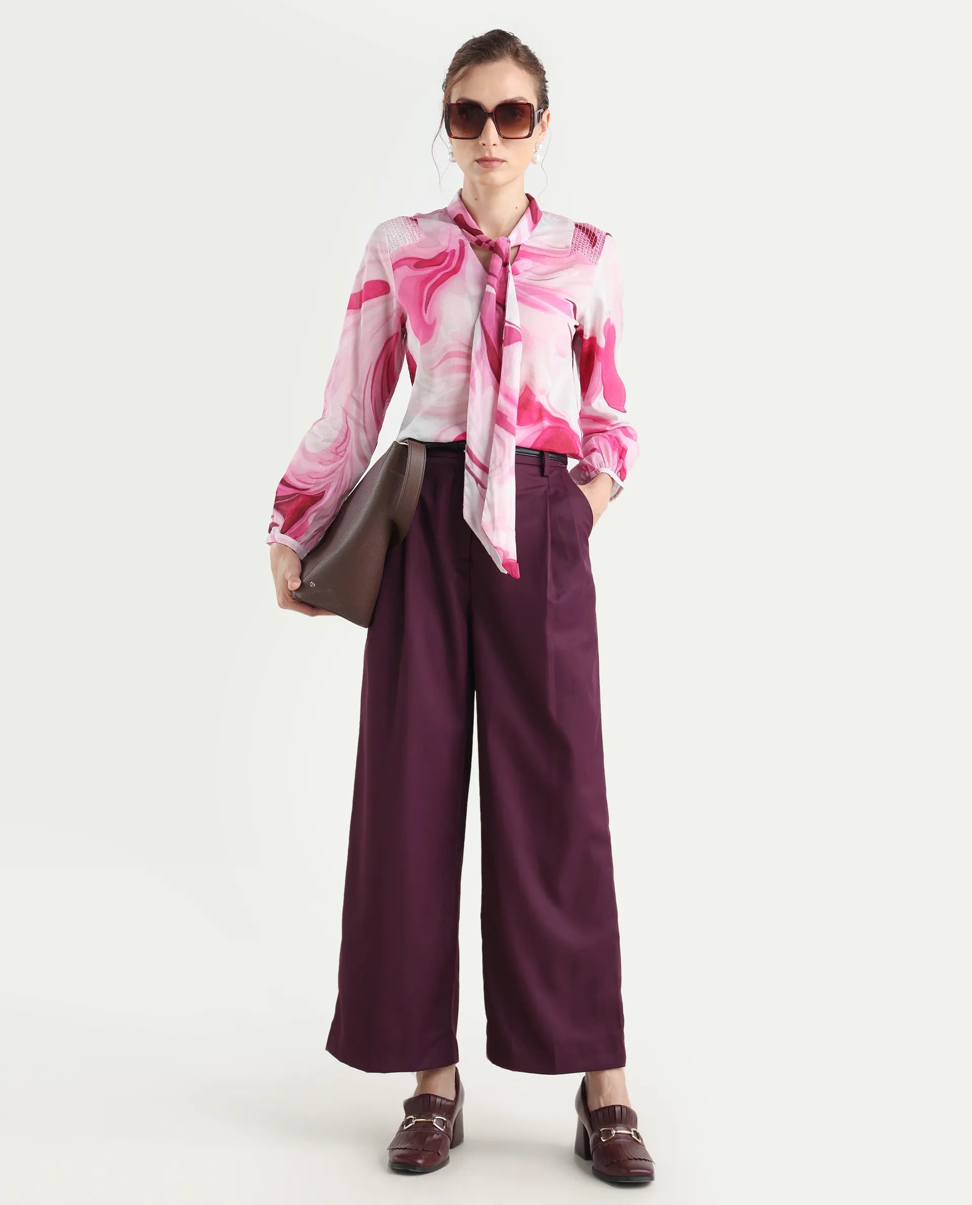 Rareism Women's Simany Purple Polyester Blend Dyed Ankle Length Wide Trouser