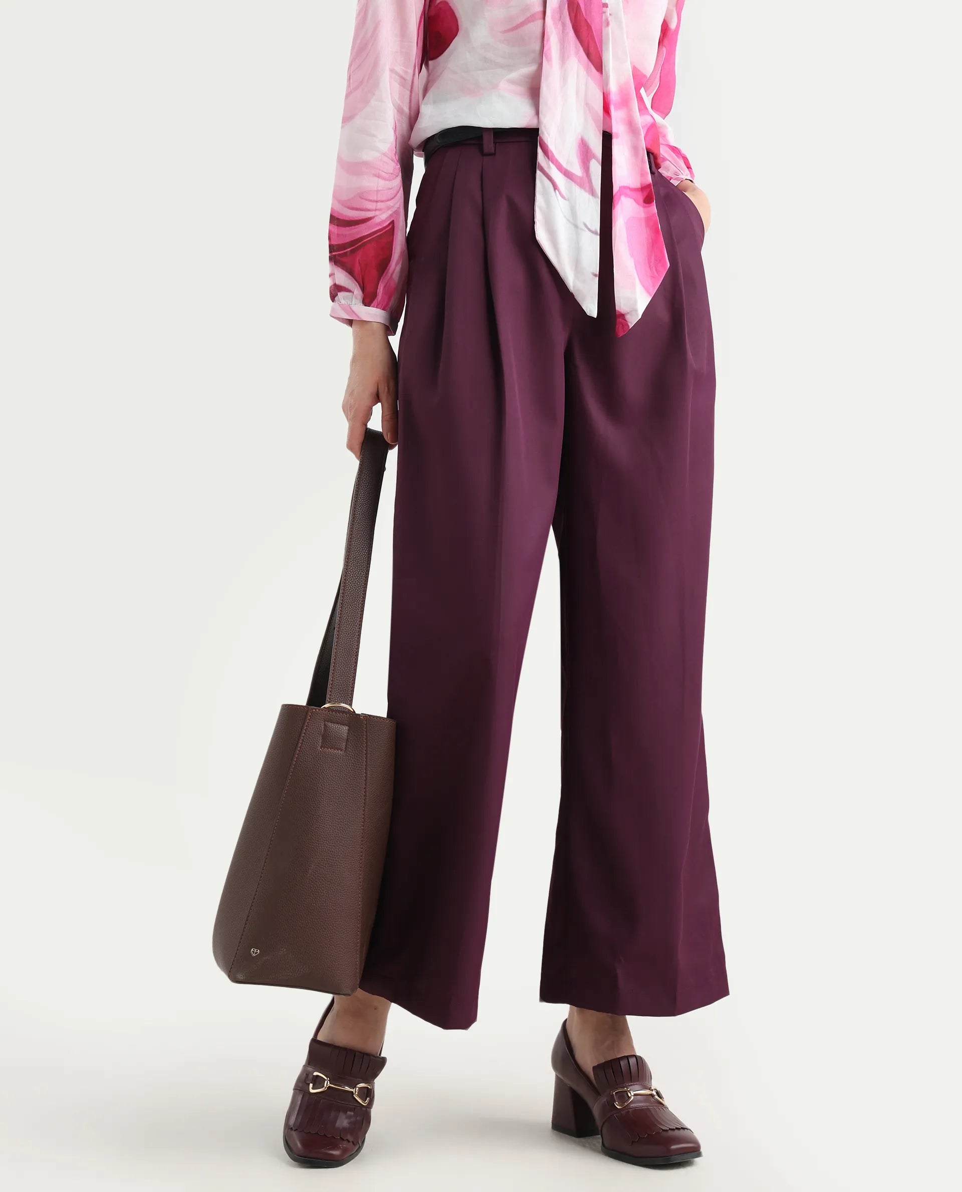 Rareism Women's Simany Purple Polyester Blend Dyed Ankle Length Wide Trouser