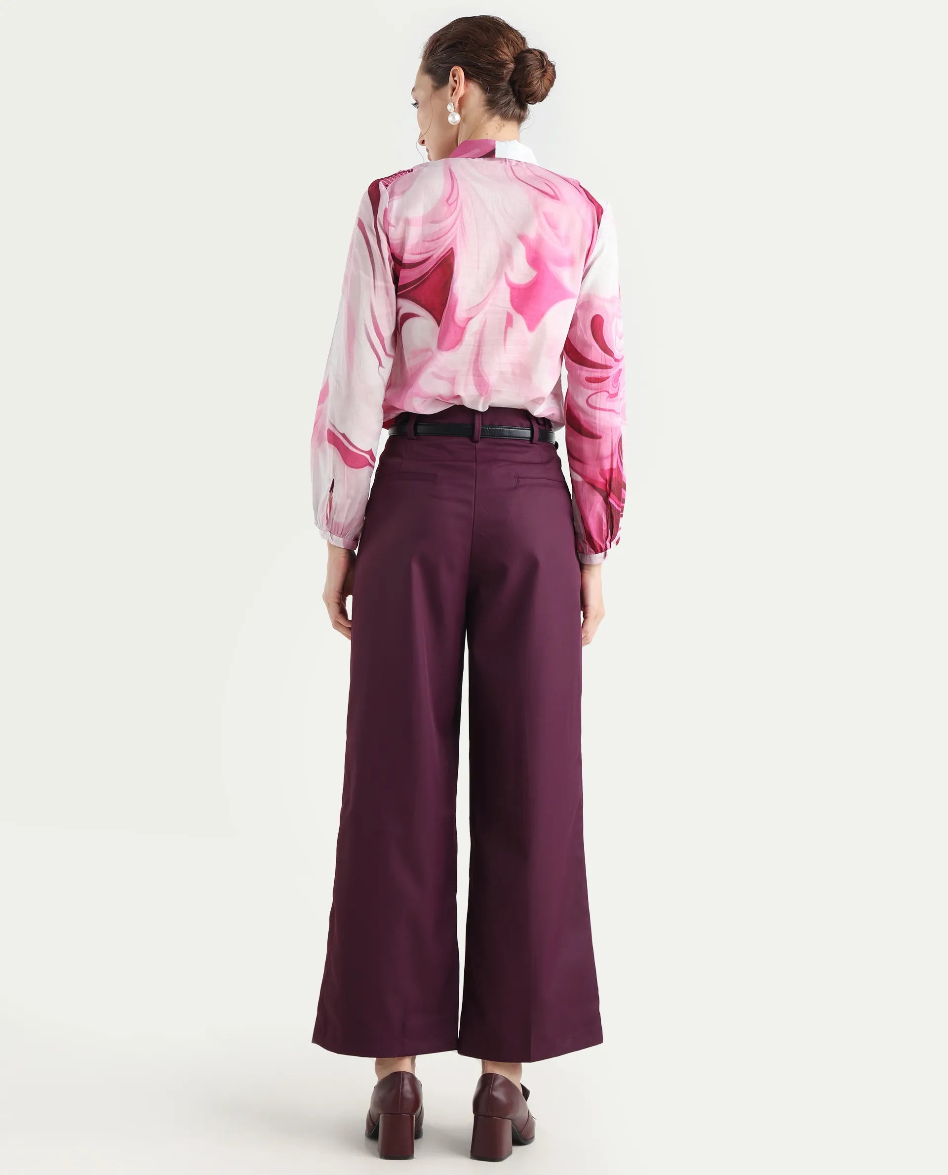 Rareism Women's Simany Purple Polyester Blend Dyed Ankle Length Wide Trouser