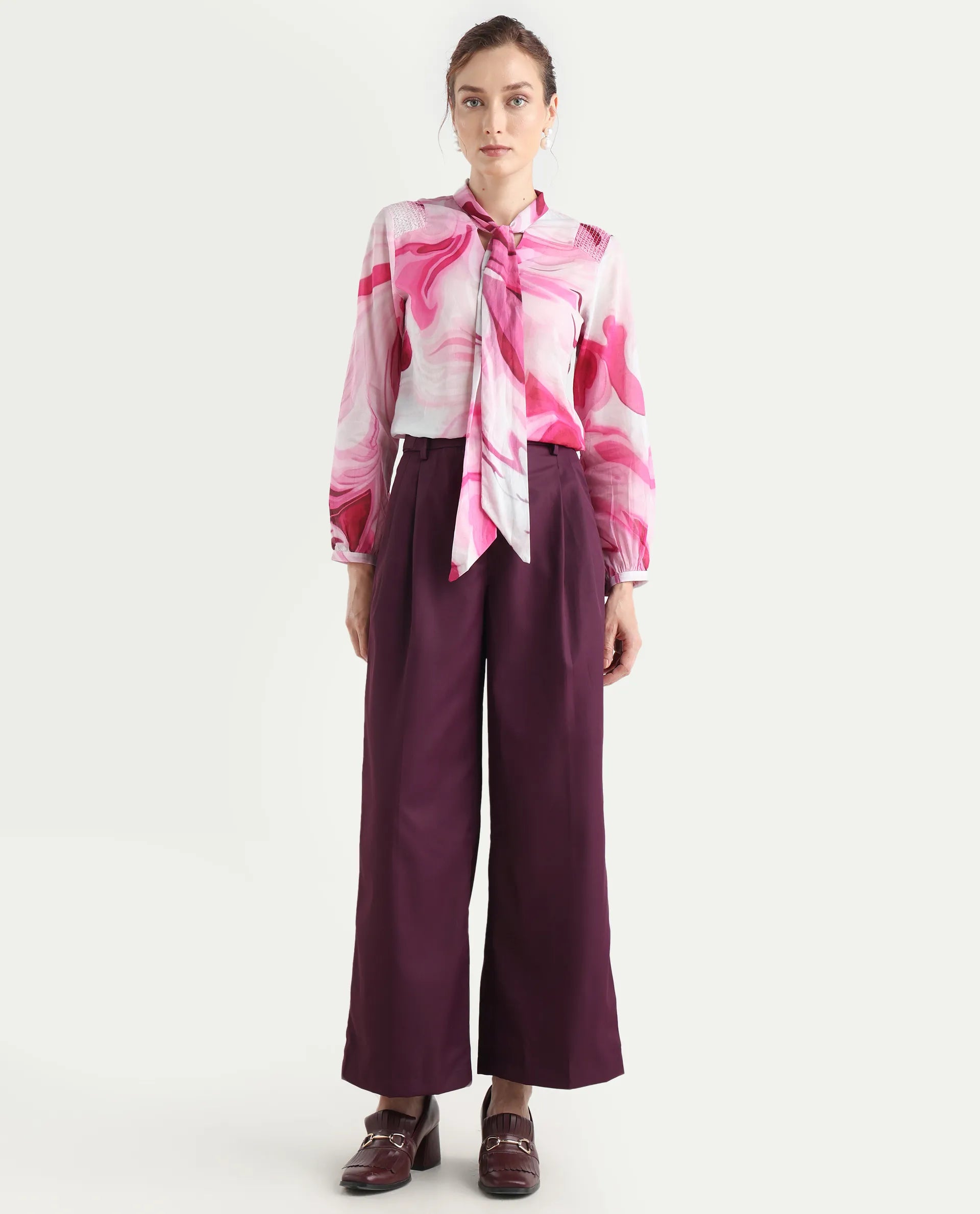 Rareism Women's Simany Purple Polyester Blend Dyed Ankle Length Wide Trouser