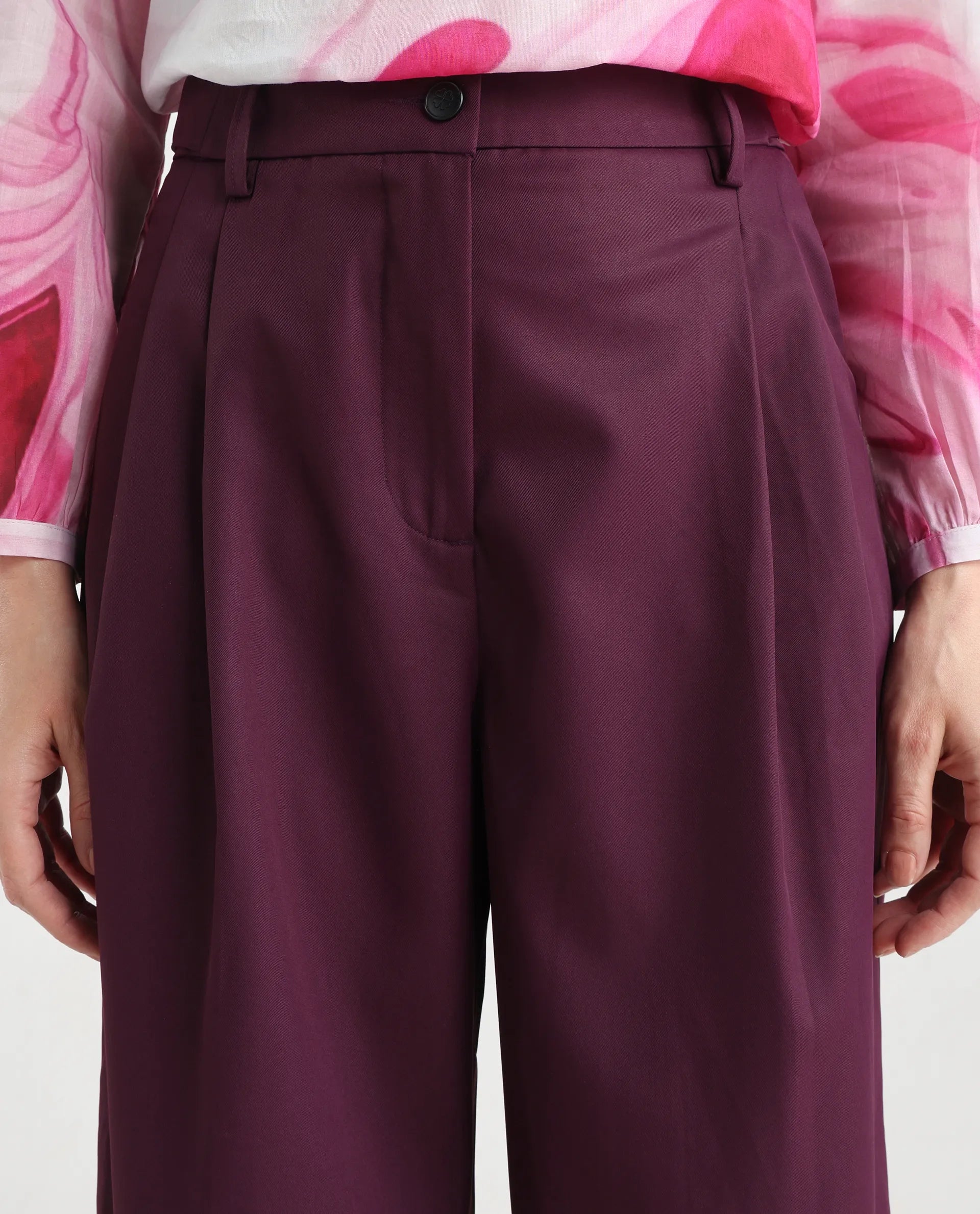 Rareism Women's Simany Purple Polyester Blend Dyed Ankle Length Wide Trouser