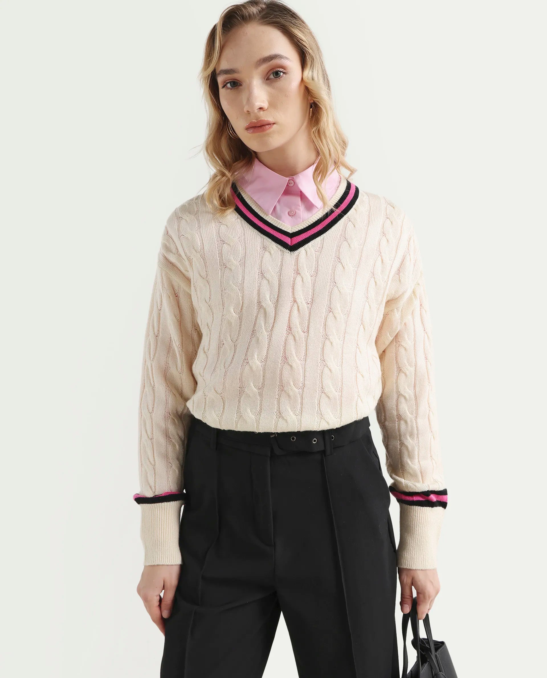 Rareism Women's Simayan Off White Cotton V-Neck Relaxed Fit Plain Sweater