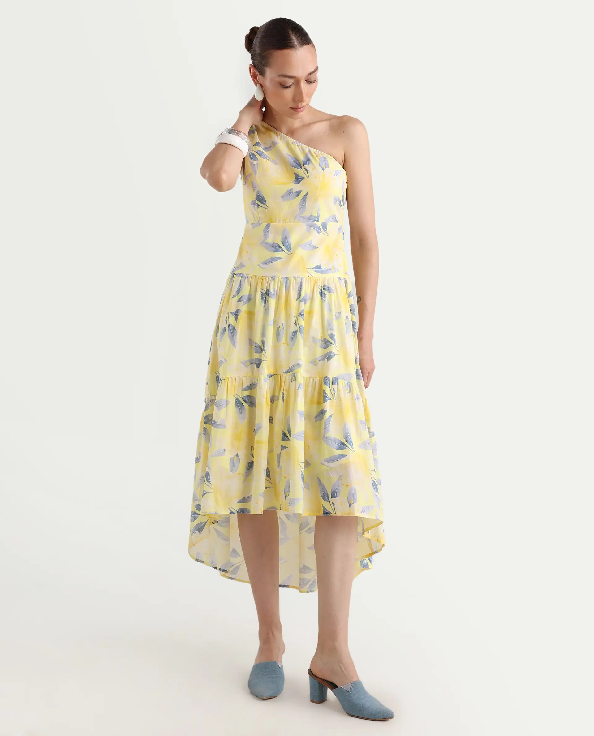 Rareism Women's Simplet Multi Cotton One Shoulder Floral Print One Shoulder Midi Fit And Flare Dress