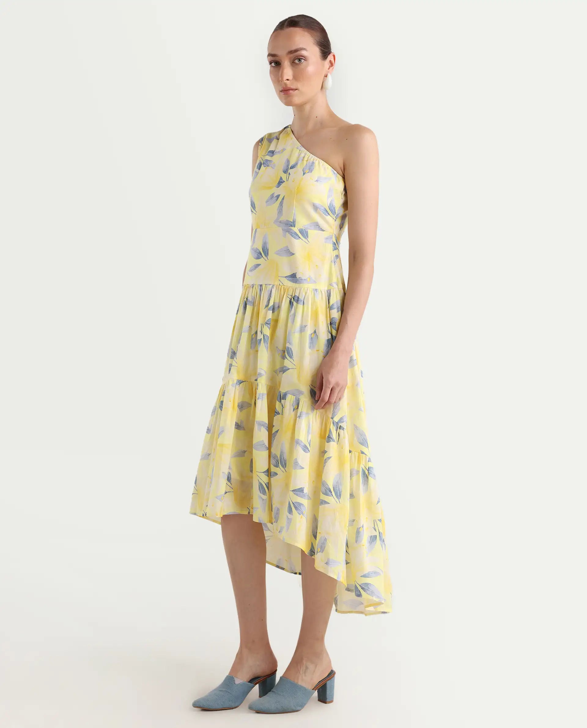 Rareism Women's Simplet Multi Cotton One Shoulder Floral Print One Shoulder Midi Fit And Flare Dress