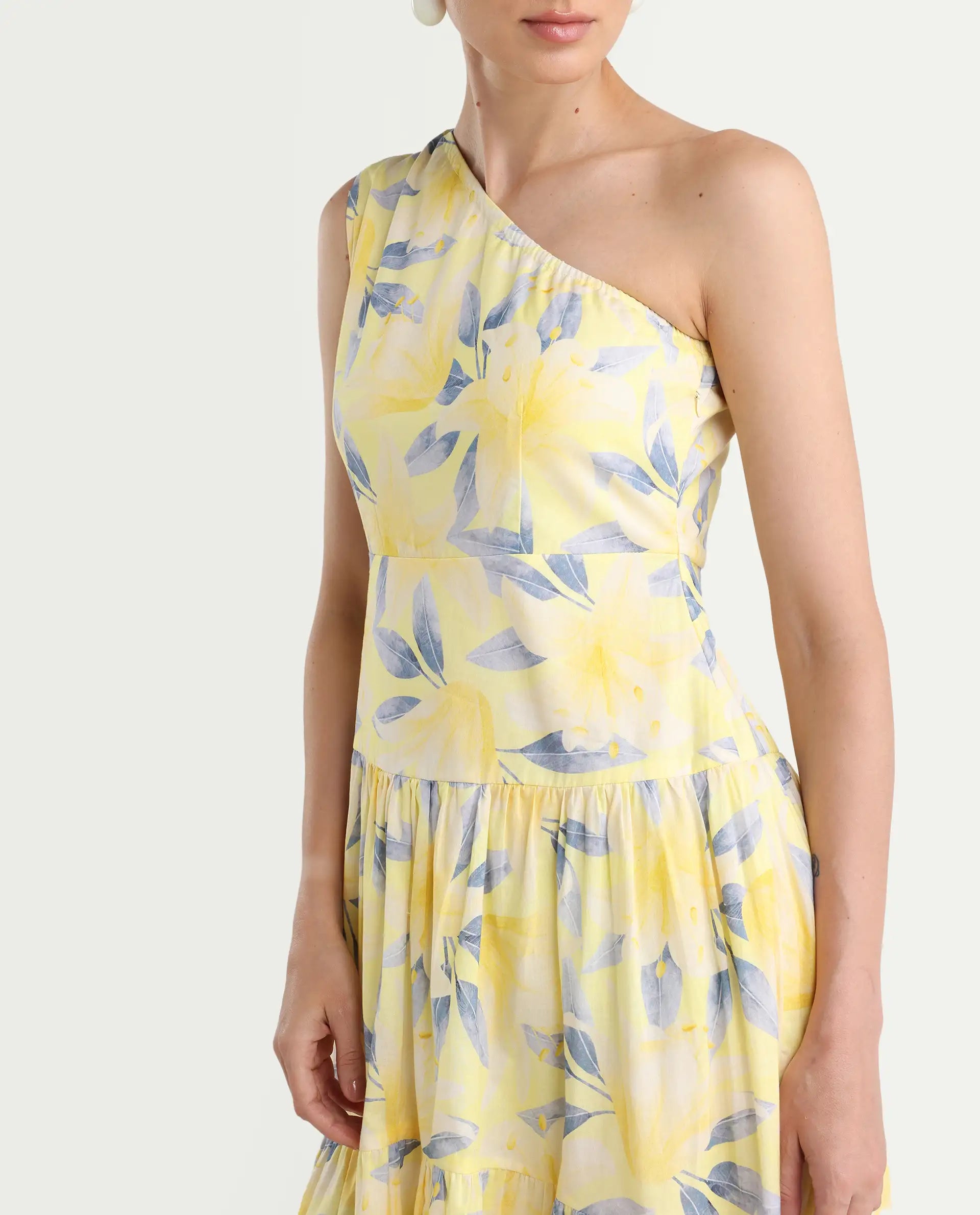 Rareism Women's Simplet Multi Cotton One Shoulder Floral Print One Shoulder Midi Fit And Flare Dress