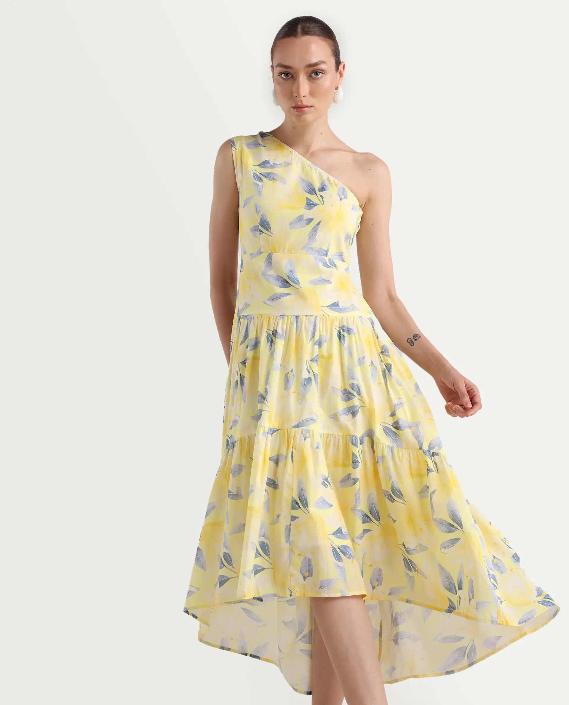 Rareism Women's Simplet Multi Cotton One Shoulder Floral Print One Shoulder Midi Fit And Flare Dress