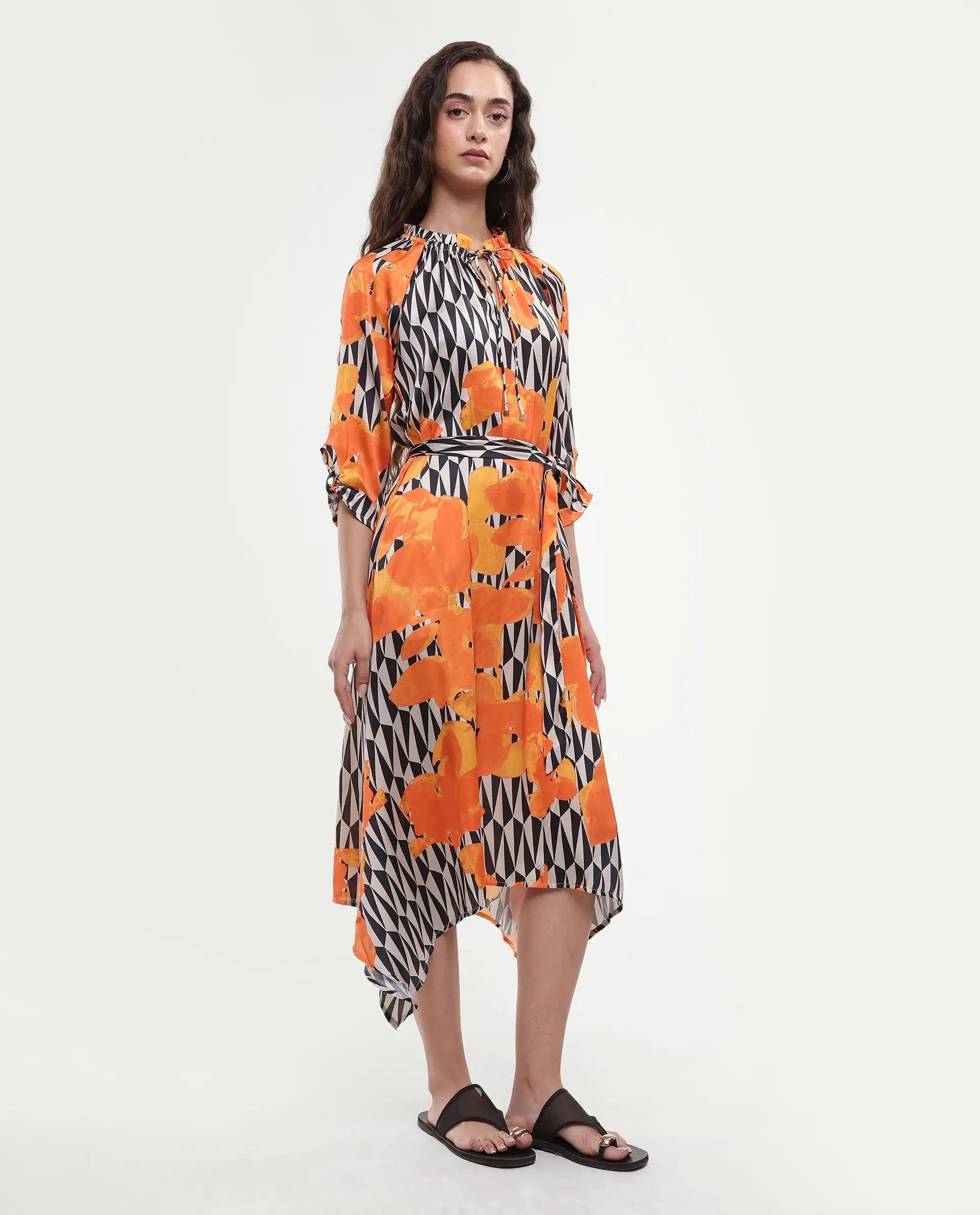 Rareism Women's Sings Black Polyester Tie-Up Neck Abstract Print Raglan Sleeve Knee Length Relaxed Fit Dress