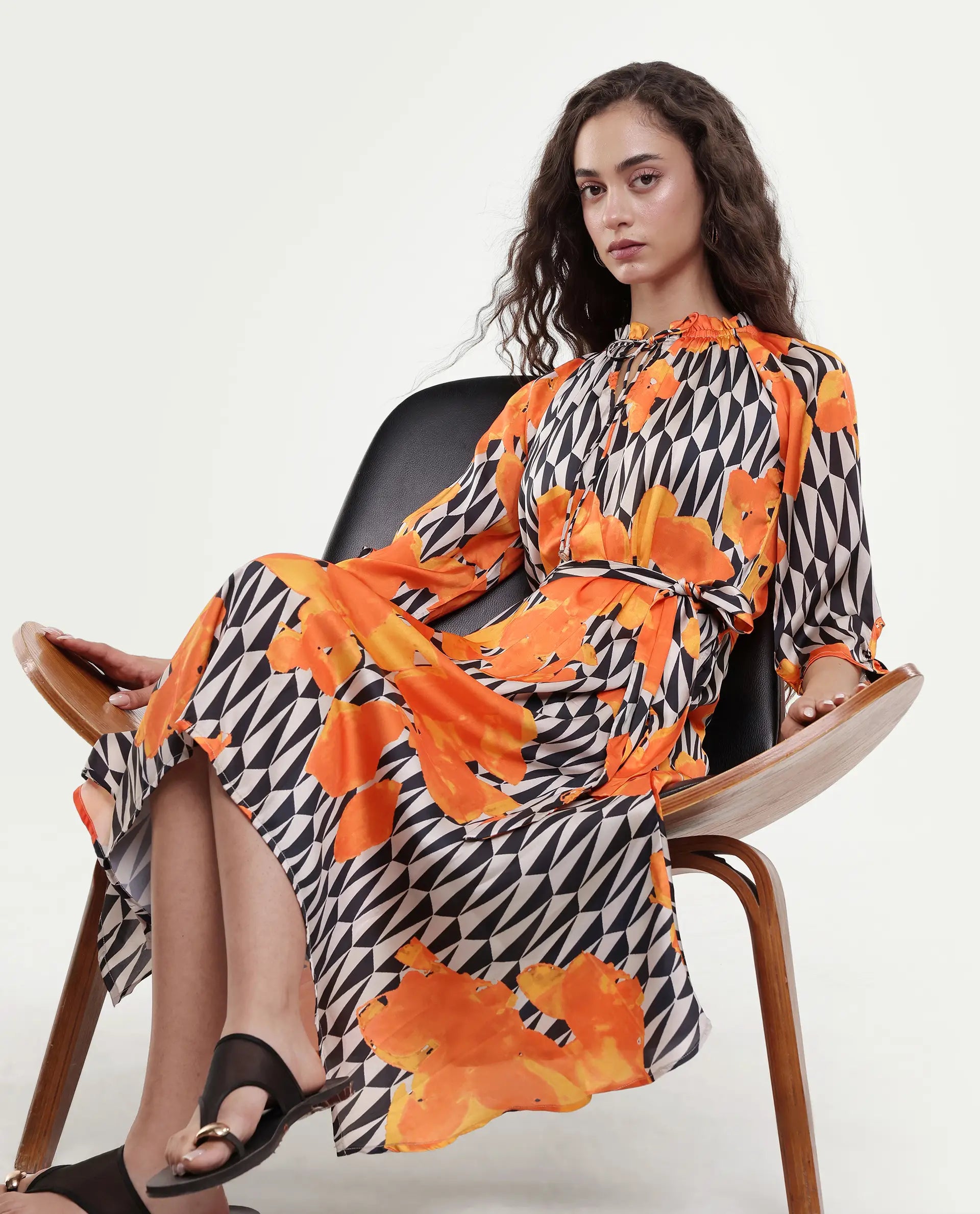 Rareism Women's Sings Black Polyester Tie-Up Neck Abstract Print Raglan Sleeve Knee Length Relaxed Fit Dress