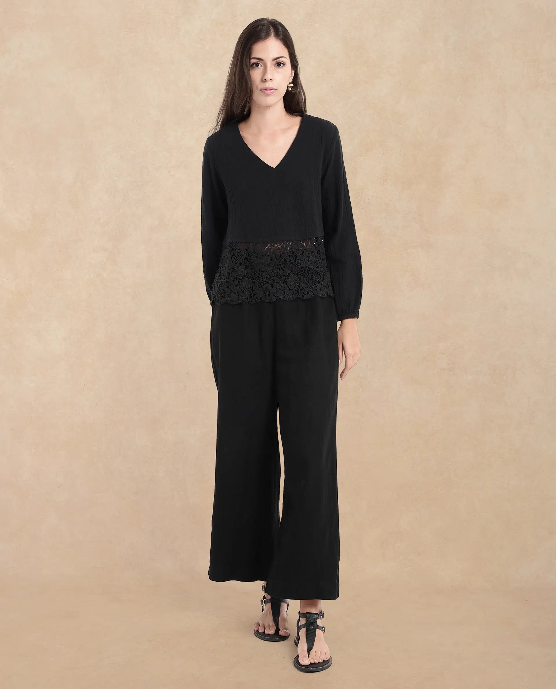 Rareism Women Sinloa-SC Black Bishop Sleeve V-Neck Plain Top