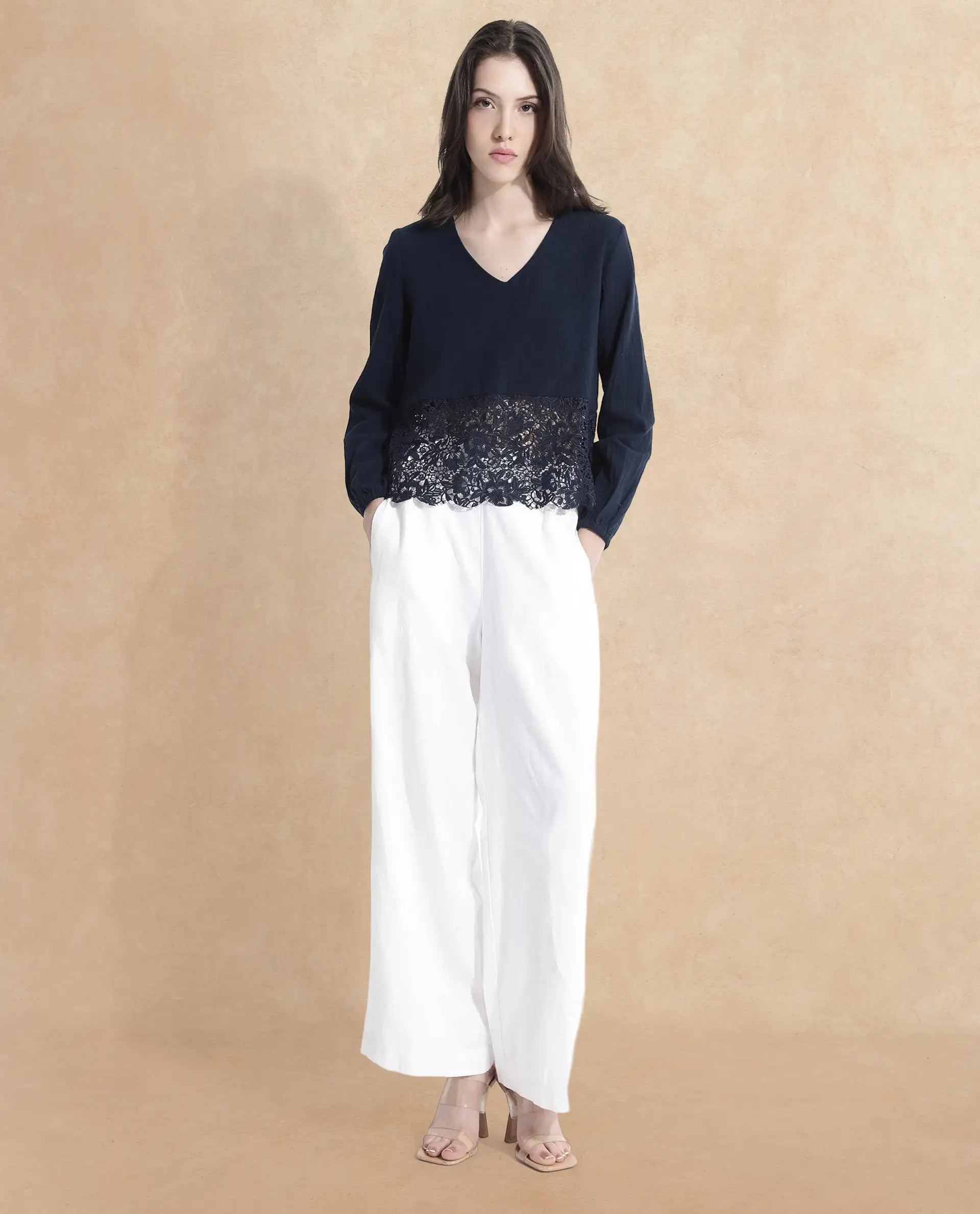 Rareism Women Sinloao Navy Full Sleeve V-Neck Plain Top