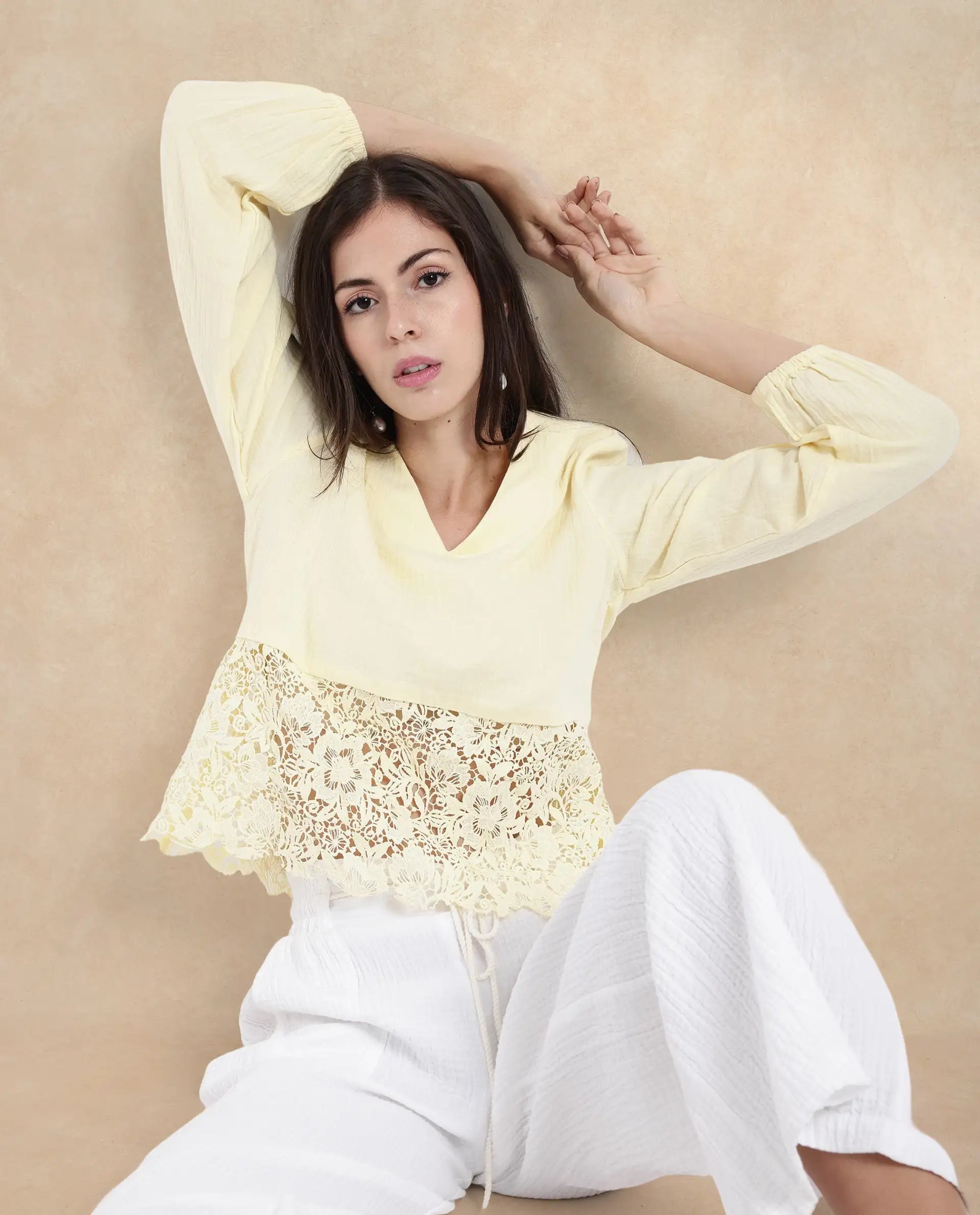 Rareism Women Sinloao Light Yellow Full Sleeve V-Neck Plain Top