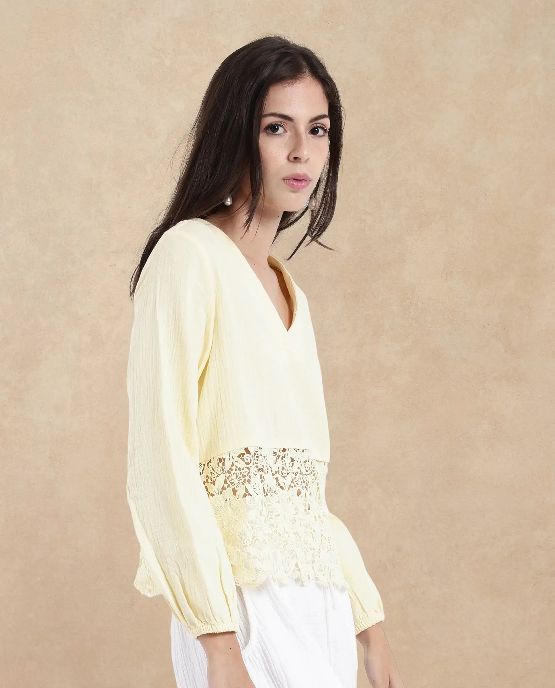 Rareism Women Sinloao Light Yellow Full Sleeve V-Neck Plain Top