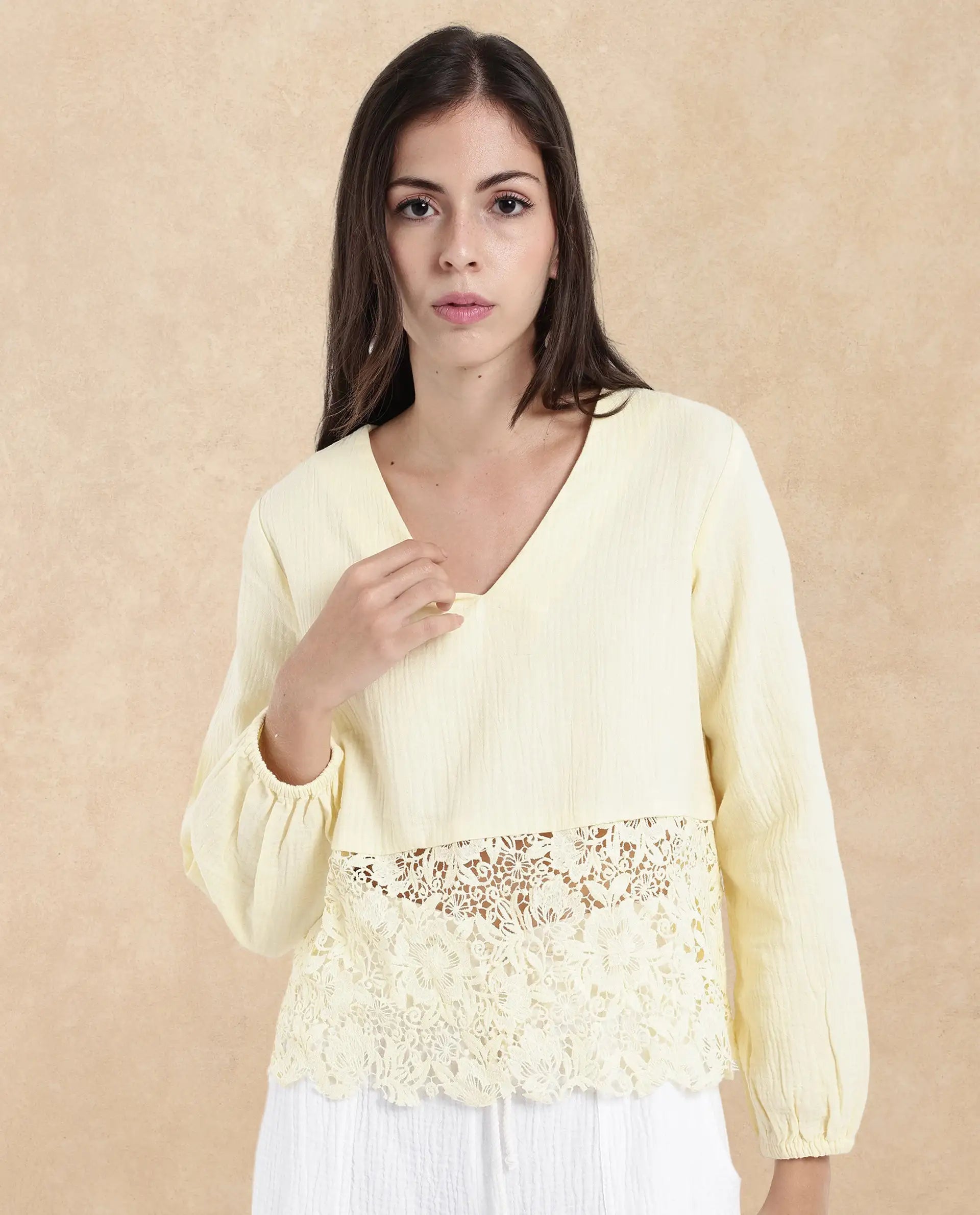 Rareism Women Sinloao Light Yellow Full Sleeve V-Neck Plain Top