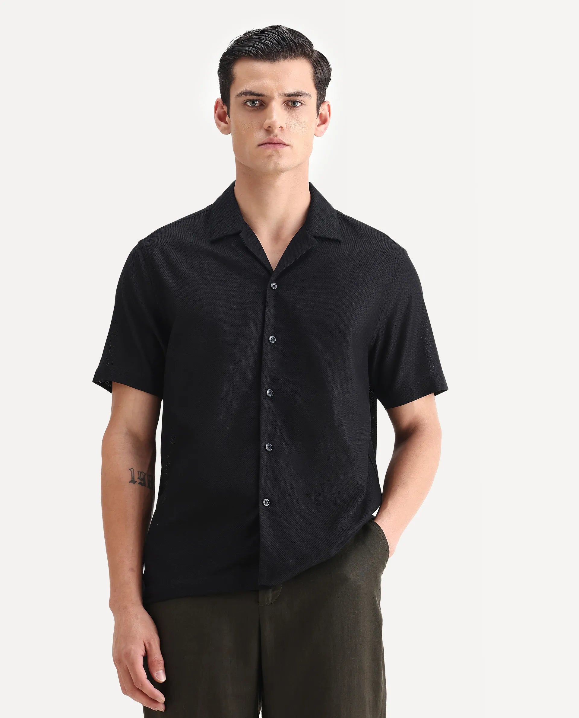 Rare Rabbit Men's Sirayo Black Cotton Blend Plain Boxy Fit Half Sleeve Cuban Collar Shirt