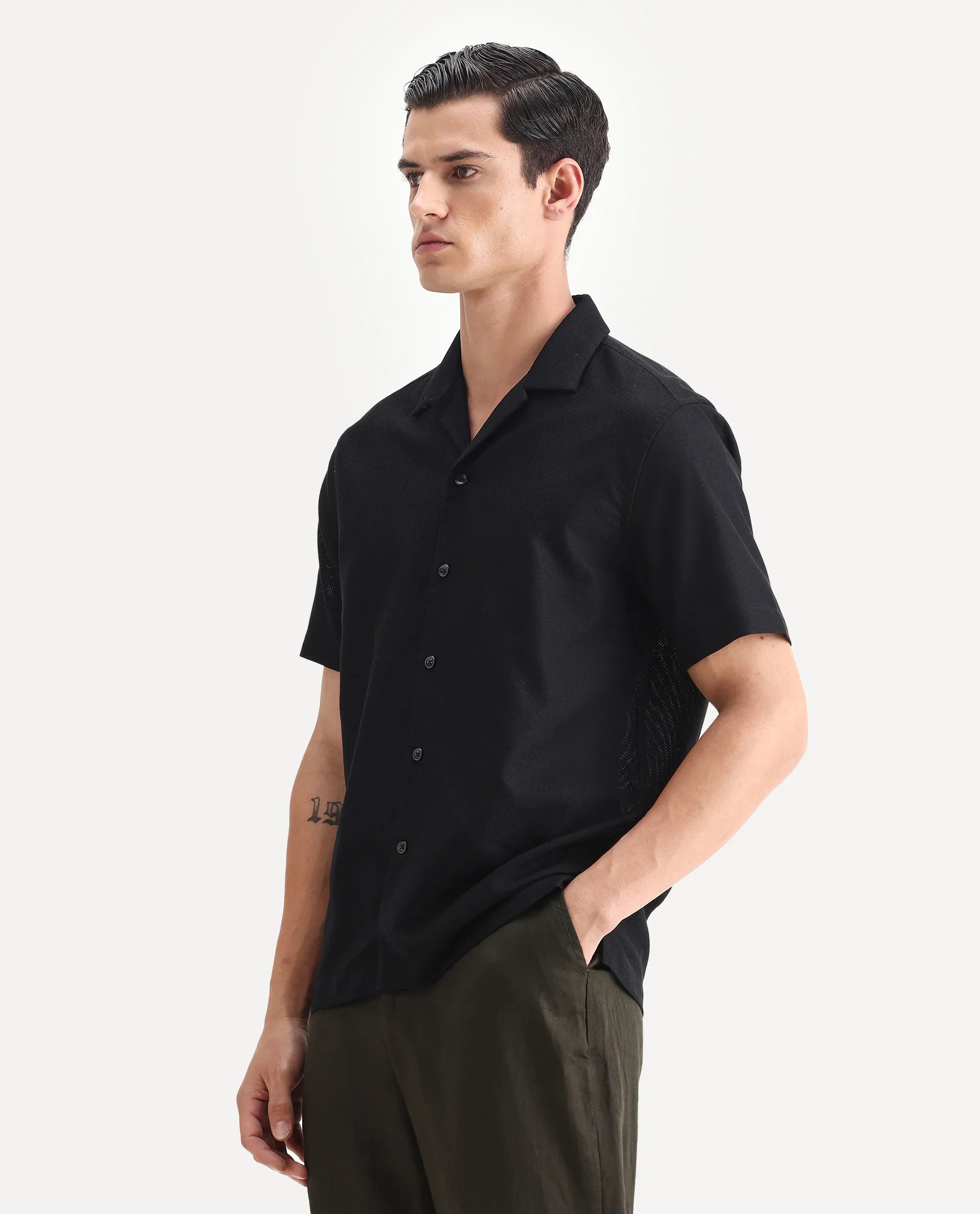 Rare Rabbit Men's Sirayo Black Cotton Blend Plain Boxy Fit Half Sleeve Cuban Collar Shirt