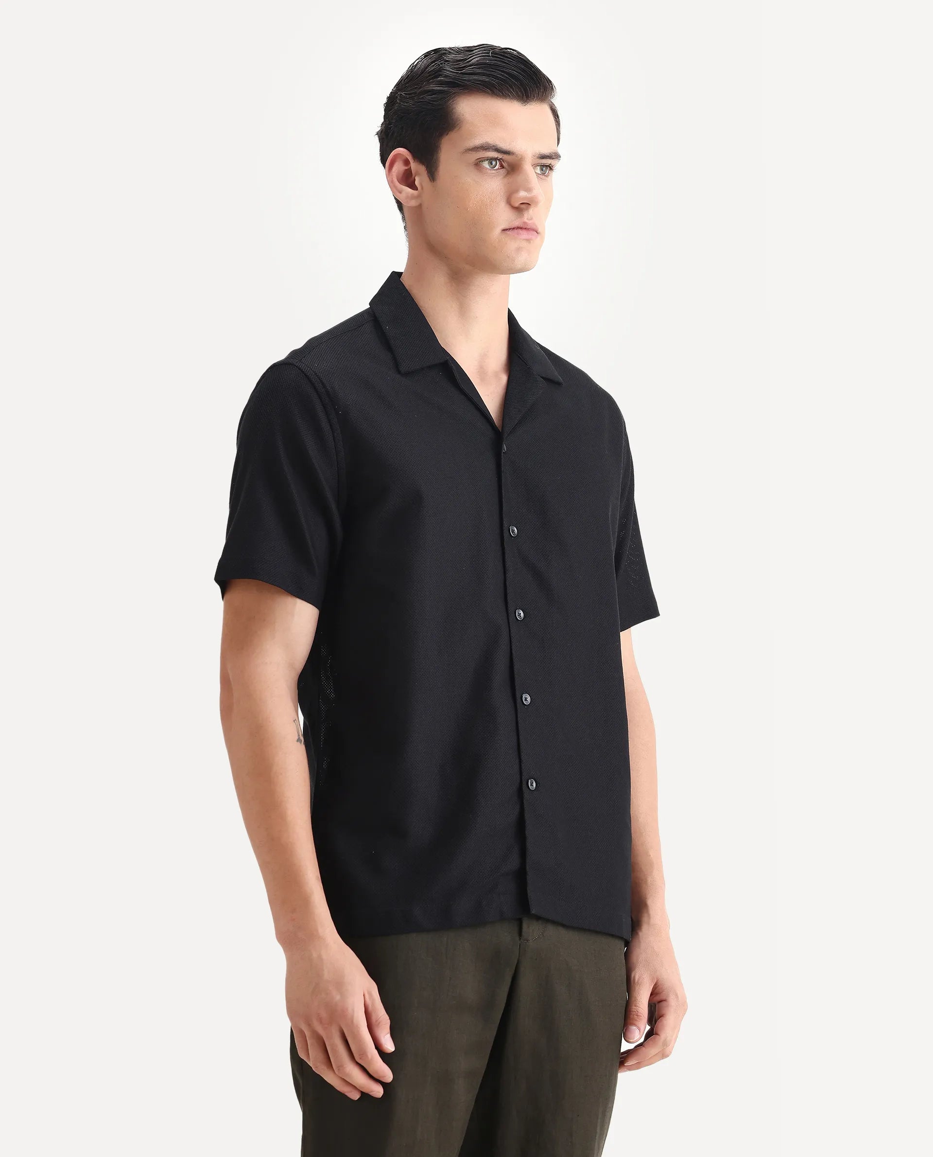 Rare Rabbit Men's Sirayo Black Cotton Blend Plain Boxy Fit Half Sleeve Cuban Collar Shirt