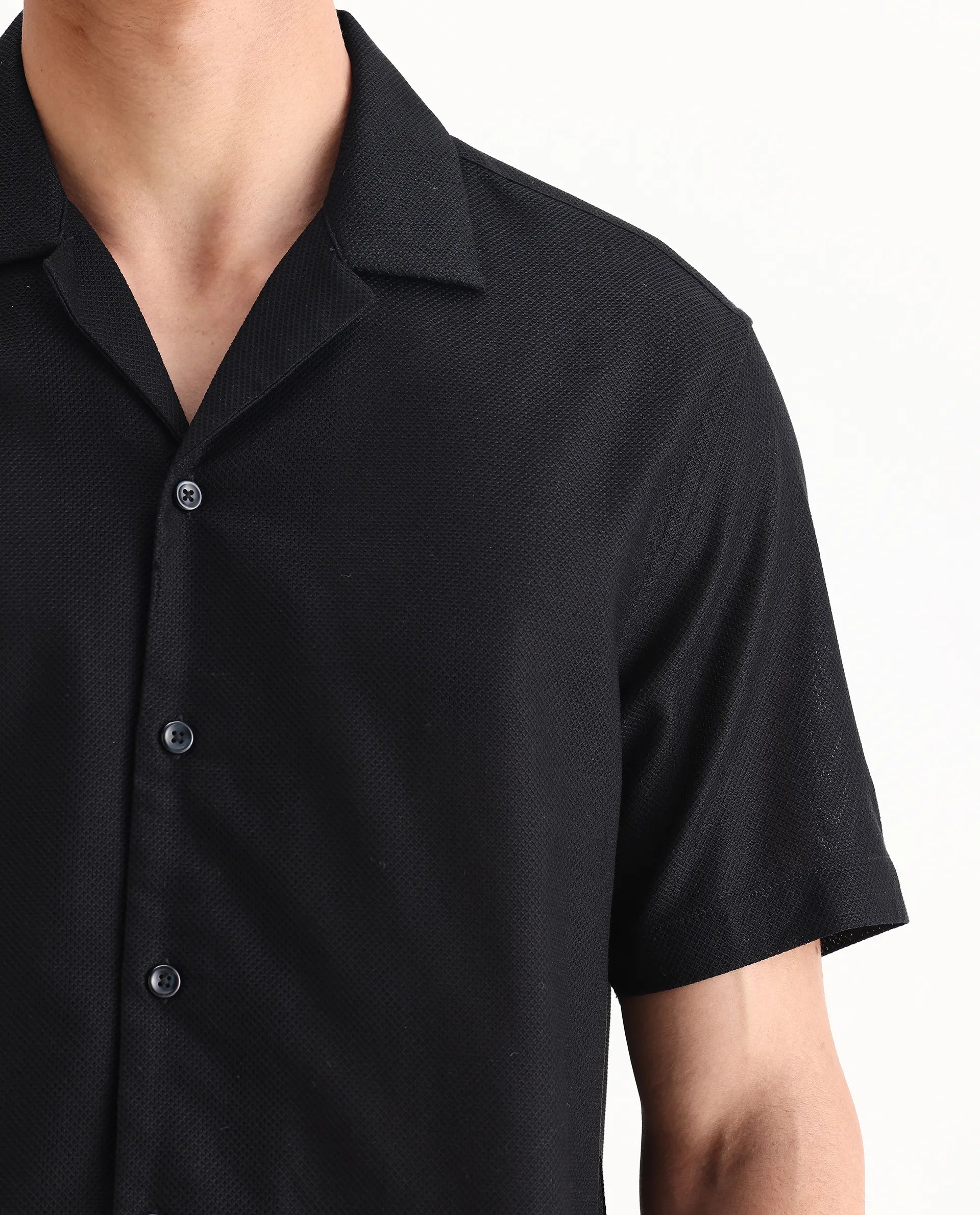 Rare Rabbit Men's Sirayo Black Cotton Blend Plain Boxy Fit Half Sleeve Cuban Collar Shirt